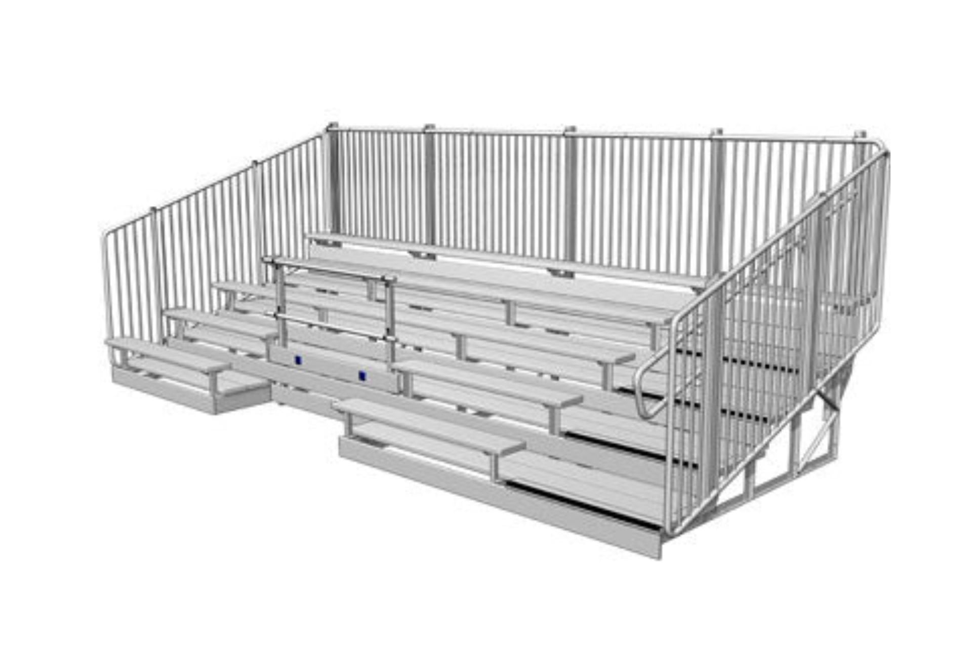 ADA Series Galvanized Steel Frame Bleachers with anodized aluminum seats, vertical picket guardrails, and wheelchair accessible areas