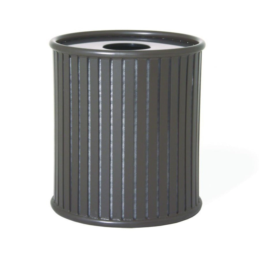 Augusta Receptacle with smooth vertical slat design, dark powder-coated metal drum, circular top opening