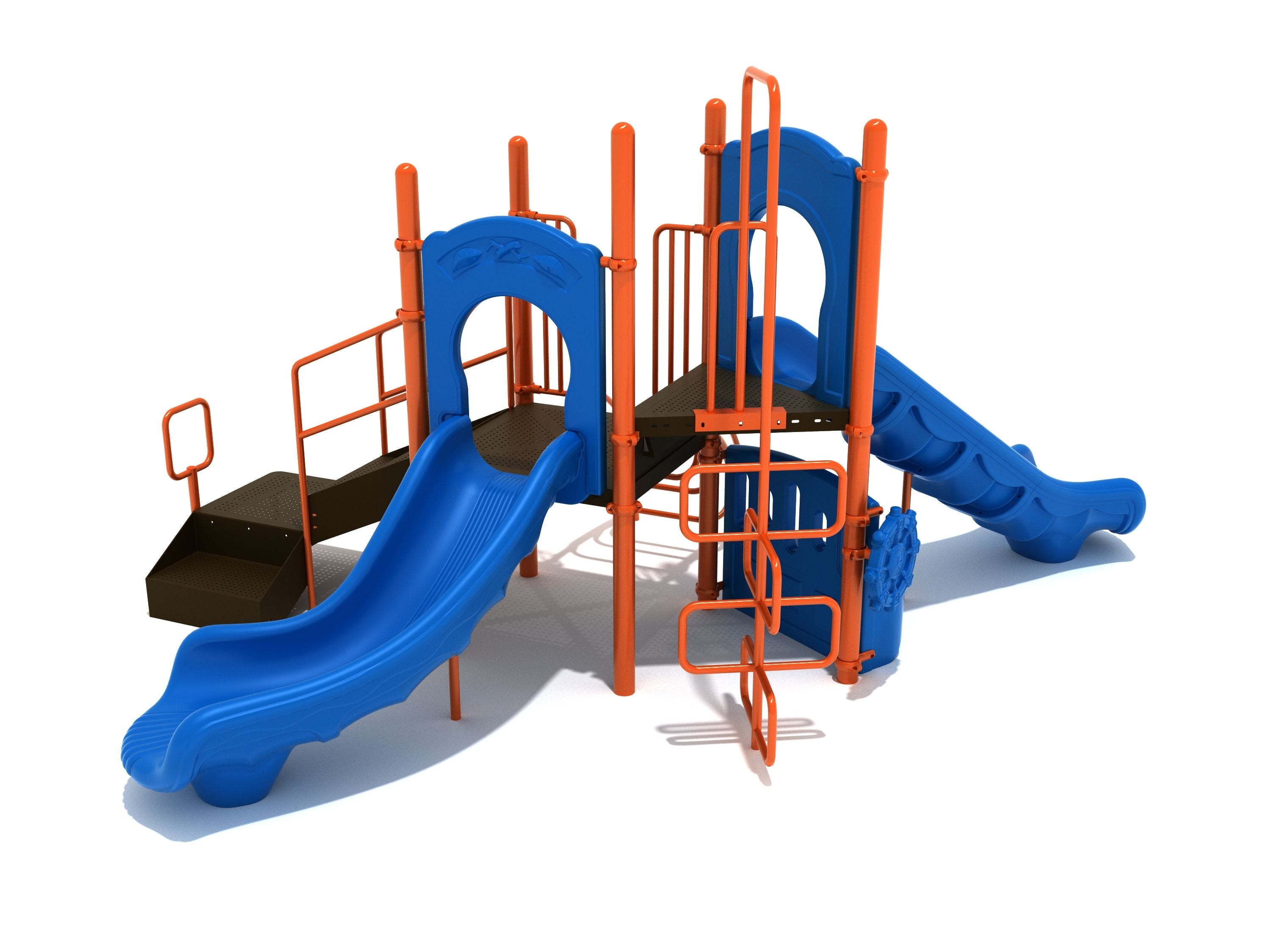 Commercial playground structure with blue straight and curved slides, orange ribbon and arch climbers, ADA transfer station, ship's wheel, and bench panel.