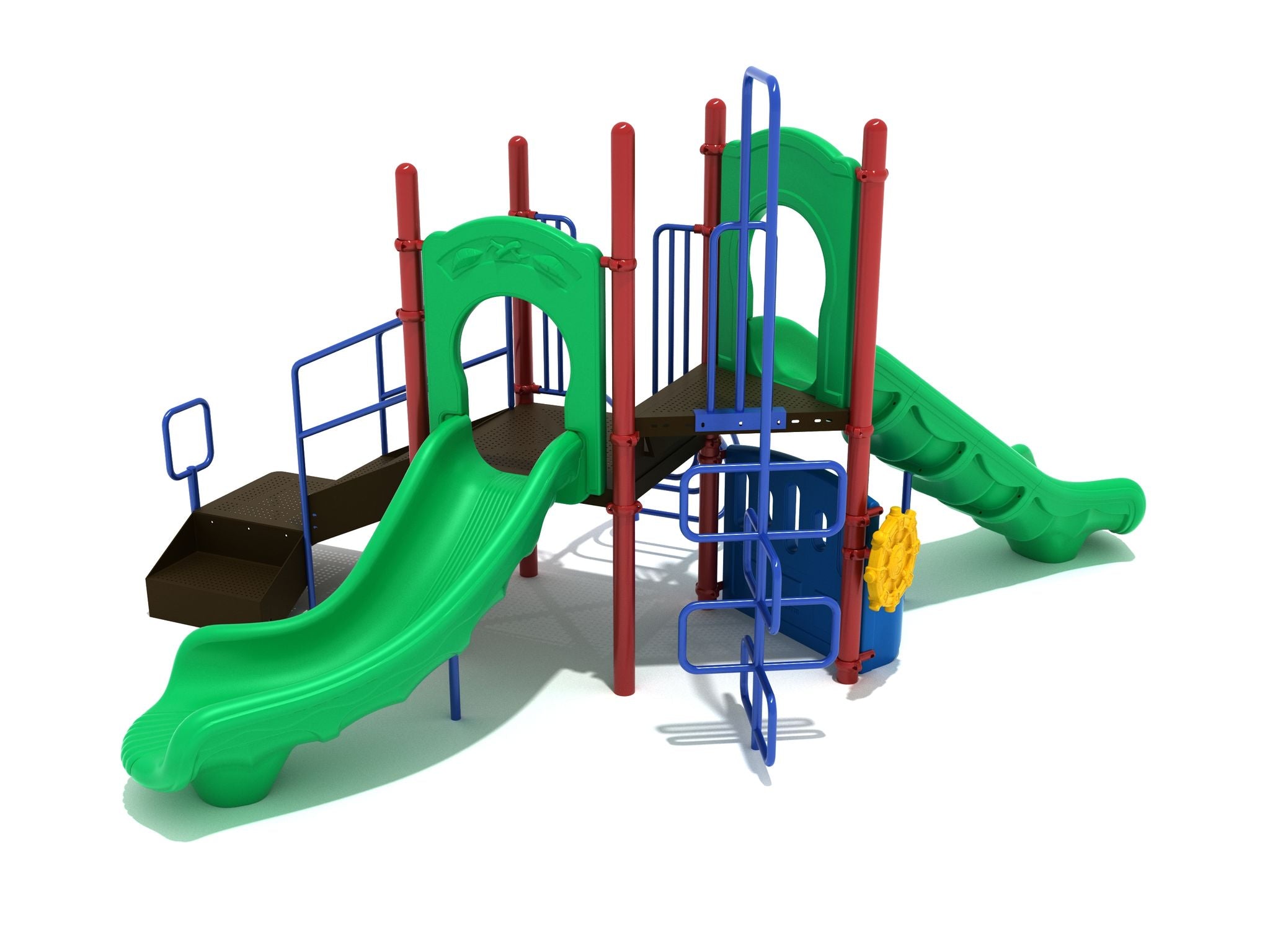 Outdoor playground structure with two green slides, red posts, blue climbing bars, ADA steps, and yellow ship’s wheel panel
