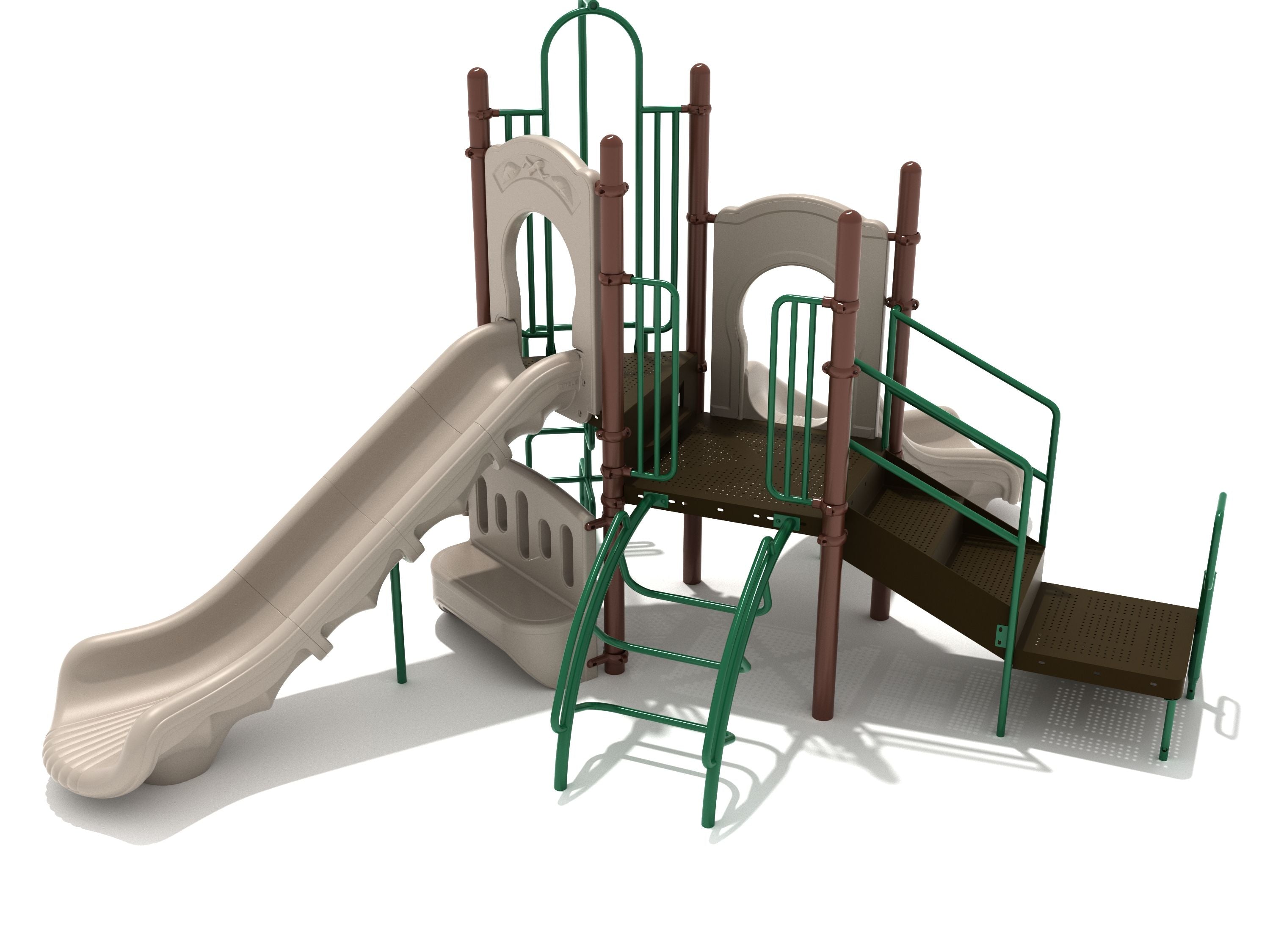 Neutral-toned playground with straight and right-turn slides, ribbon and arch climbers, ADA transfer station, ship’s wheel, and bench panel