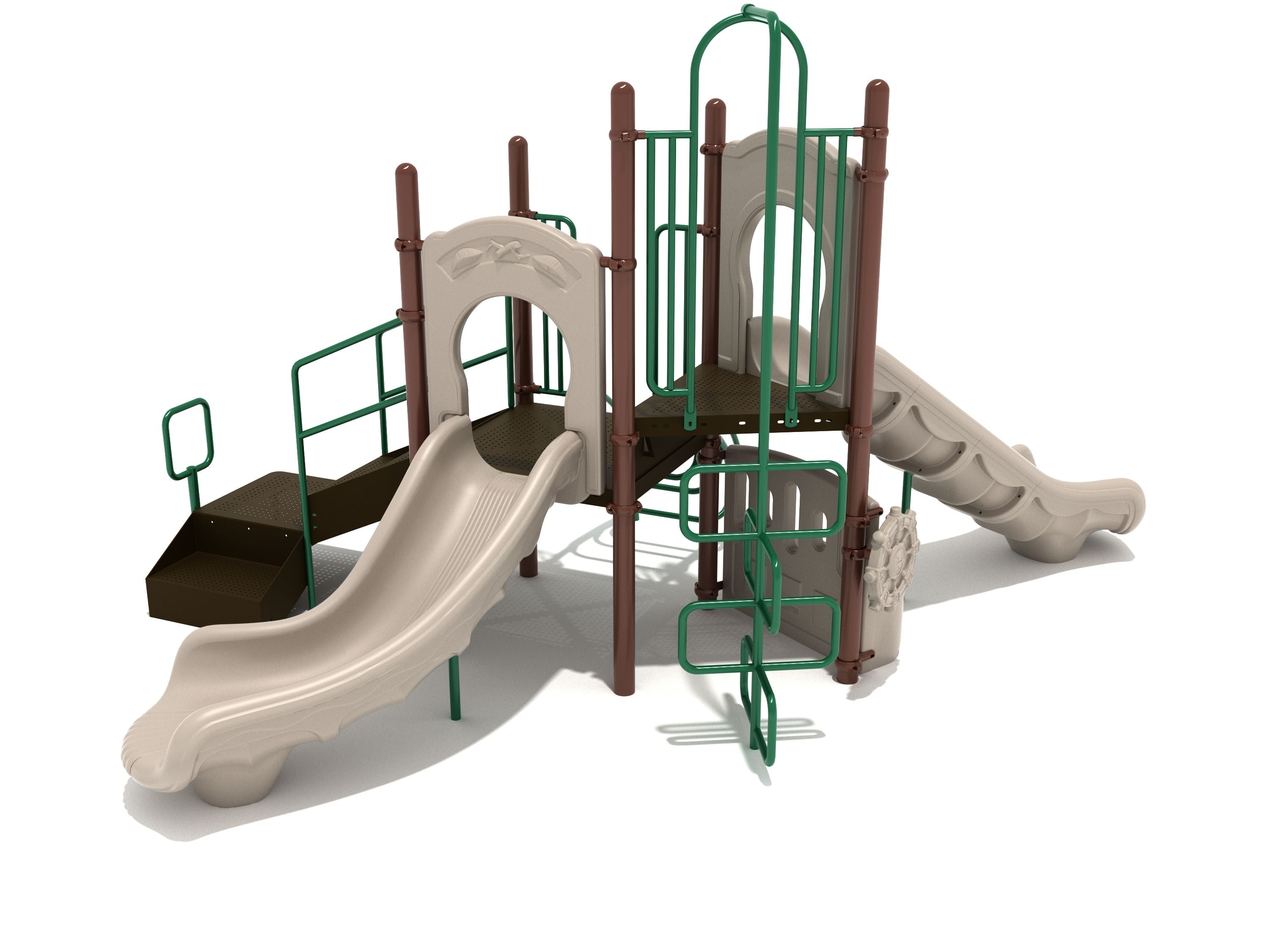 Neutral-toned playground with straight and curved slides, ribbon and arch climbers, ADA transfer station, and ship's wheel panel