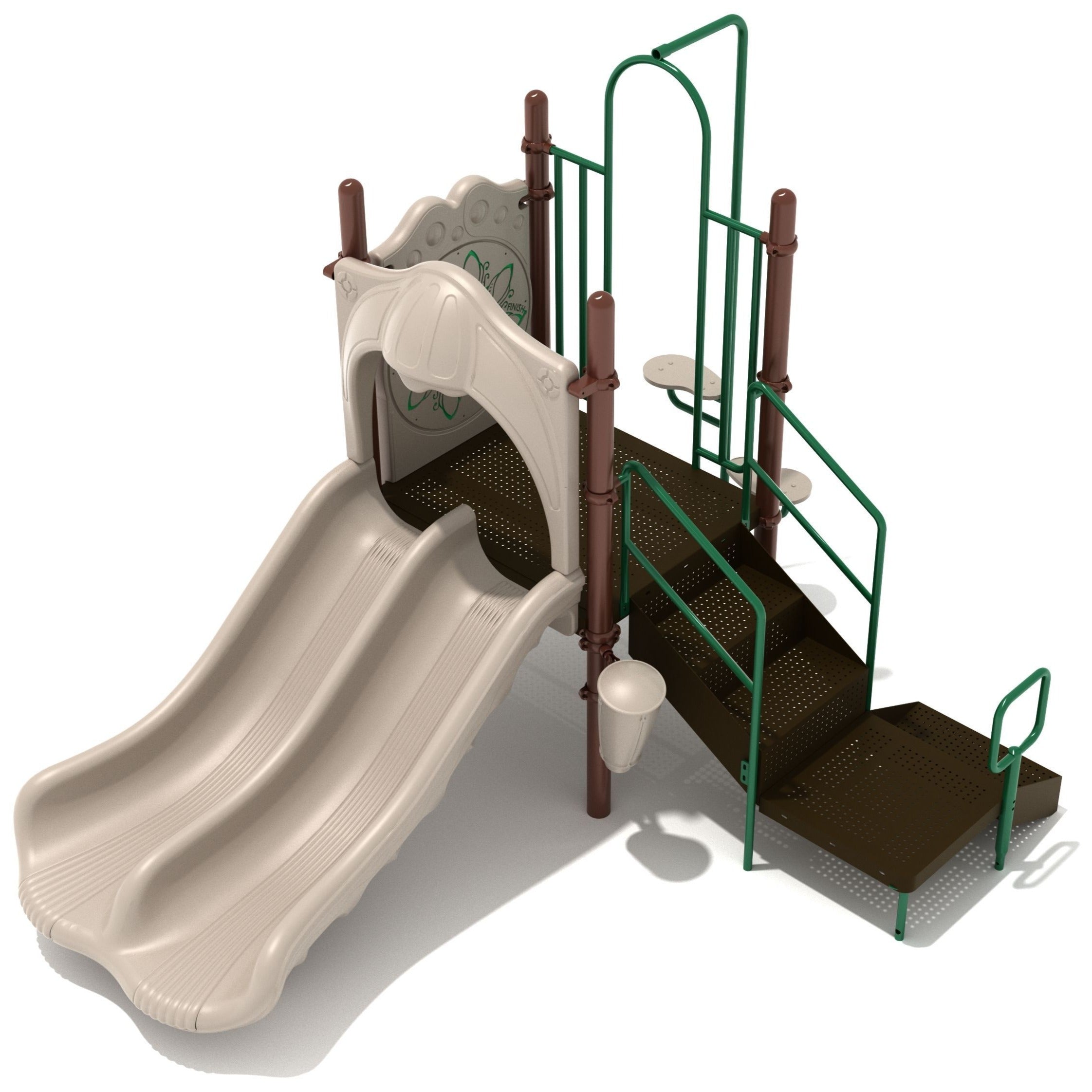 Arlington Playground large play system with double beige slides, brown platform, green railings, stairs, and musical play elements