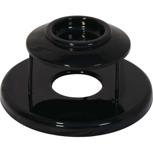 Glossy black metal ash urn lid with central circular opening and raised rim for outdoor trash receptacles, overhead view
