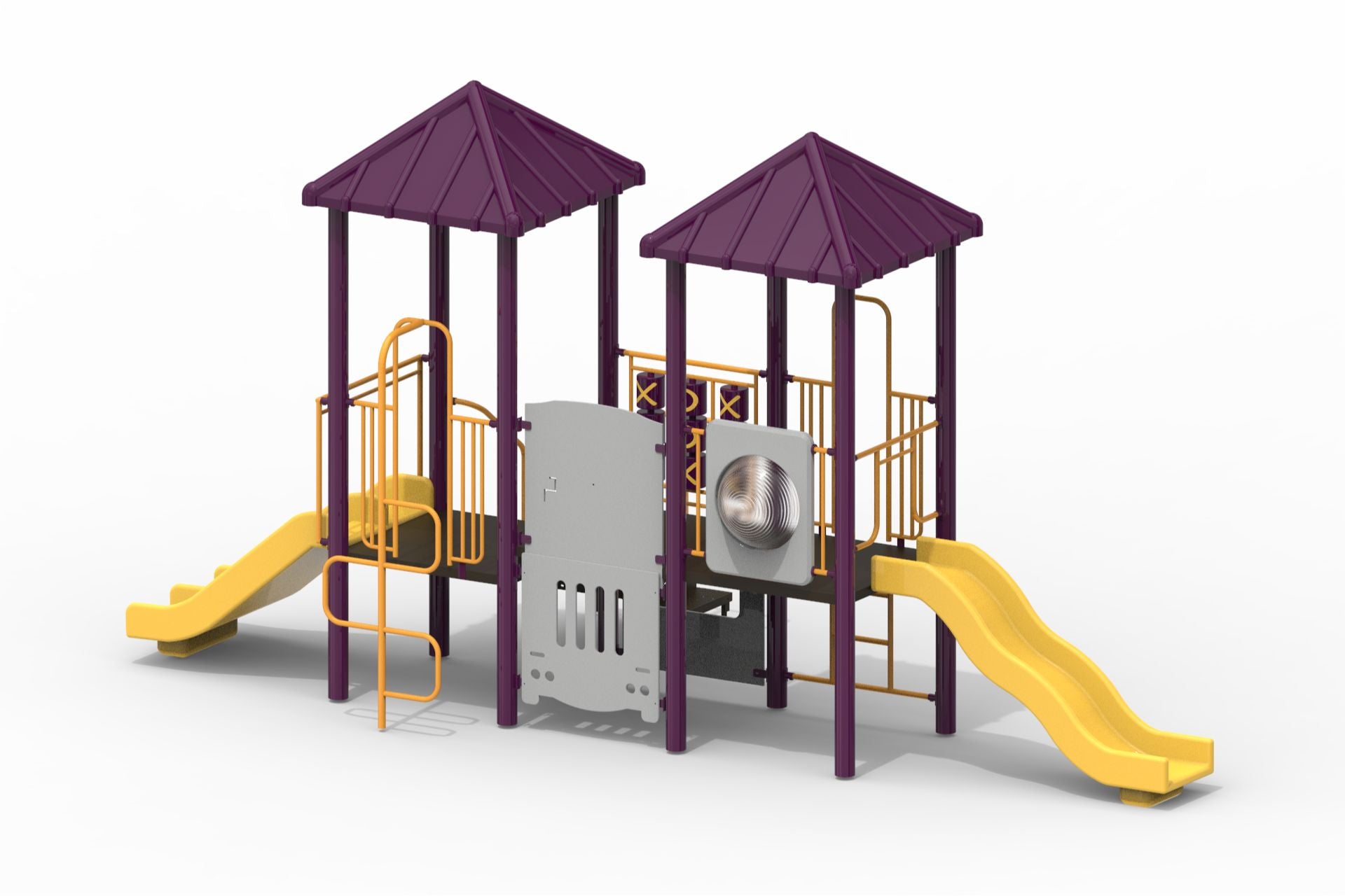 Two-tower modular playground with yellow double and straight slides, purple roofs, vertical climber, tic-tac-toe panel, and bubble window