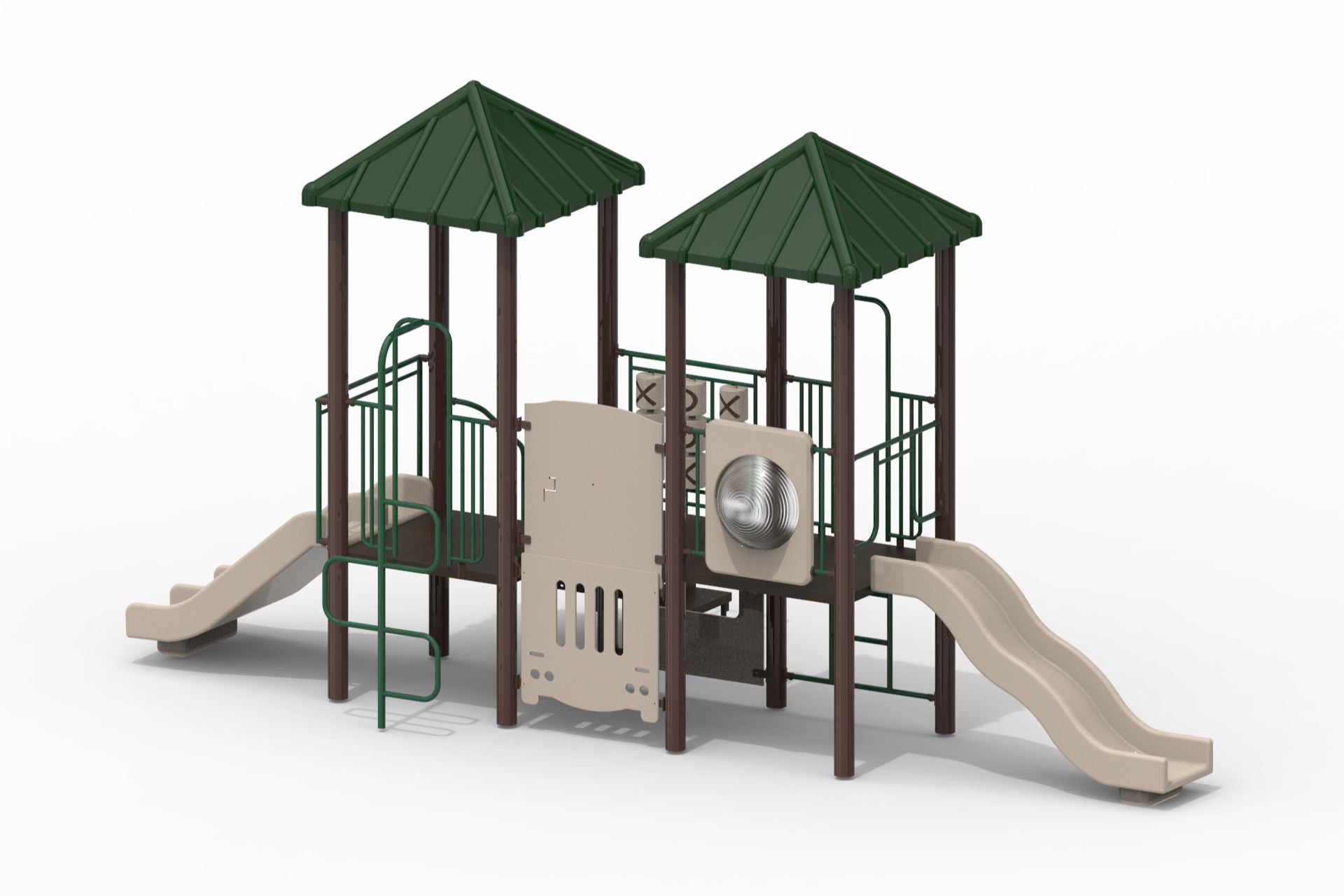 Abby Modular Playground with dual slides, tic-tac-toe panel, vertical climber, U Climber, and green roofs on brown posts