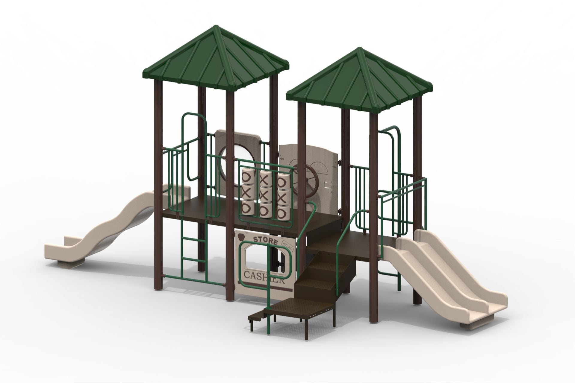 Modular playground with twin green-roof towers, double and single beige slides, tic-tac-toe panel, vertical climber, and climbing features