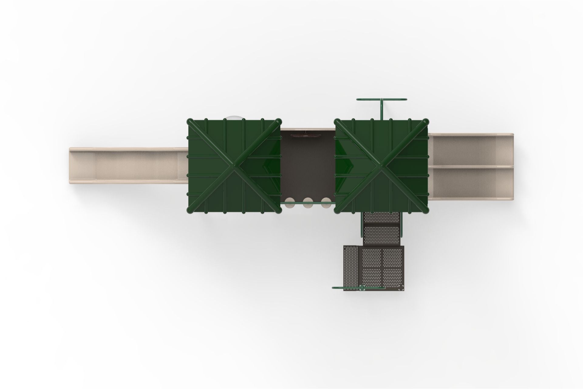 Overhead view of modular playground with two green canopies, wide straight slide on left, double slide on right, and metal transfer station