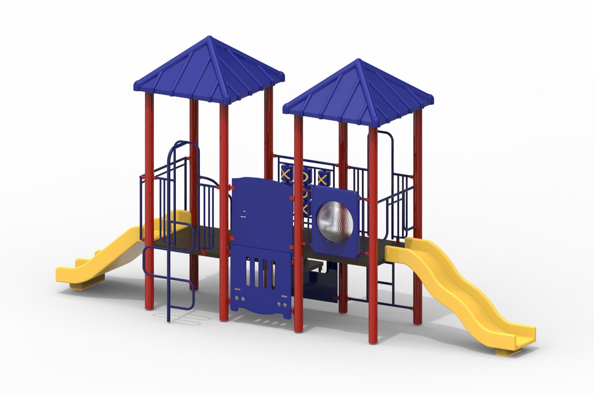 Outdoor modular playground with blue roofs, red posts, single and double slides, tic-tac-toe panel, bubble window, and climbers