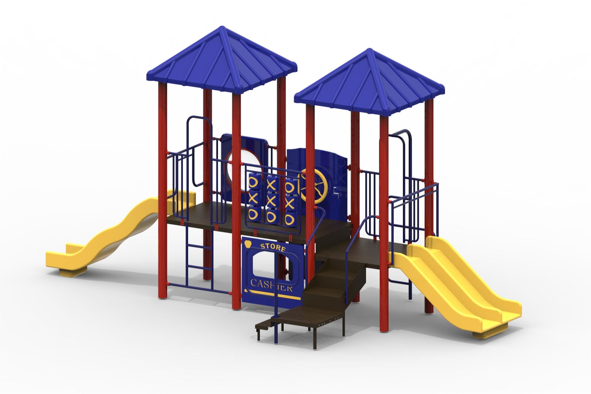 Modular playground with yellow double and single slides, red uprights, blue roofs, tic-tac-toe panel, vertical and U climbers, and transfer station