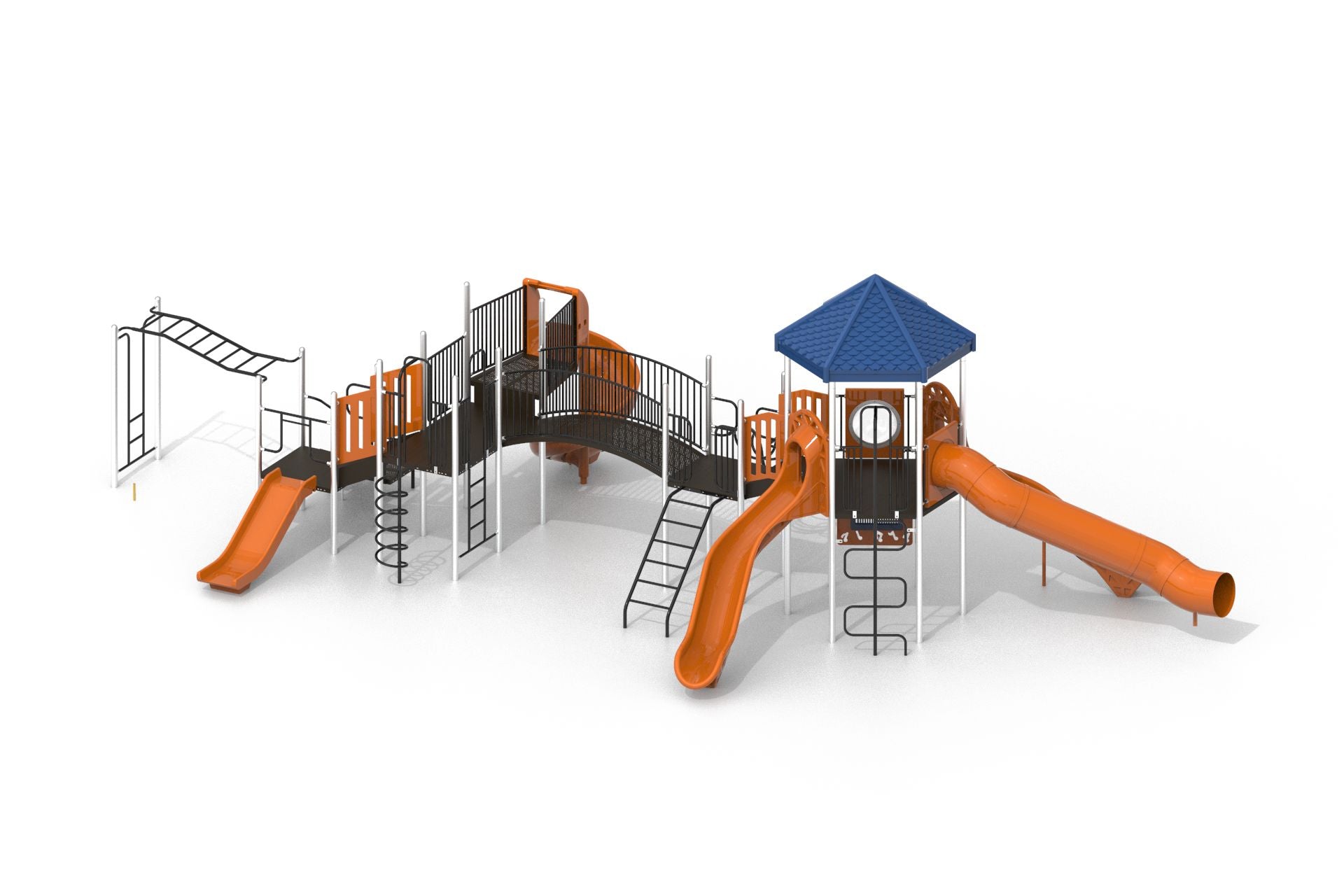 Commercial playground with blue-roofed tower, multiple slides including spiral and tube, arch bridge, monkey bars, and diverse climbing structures
