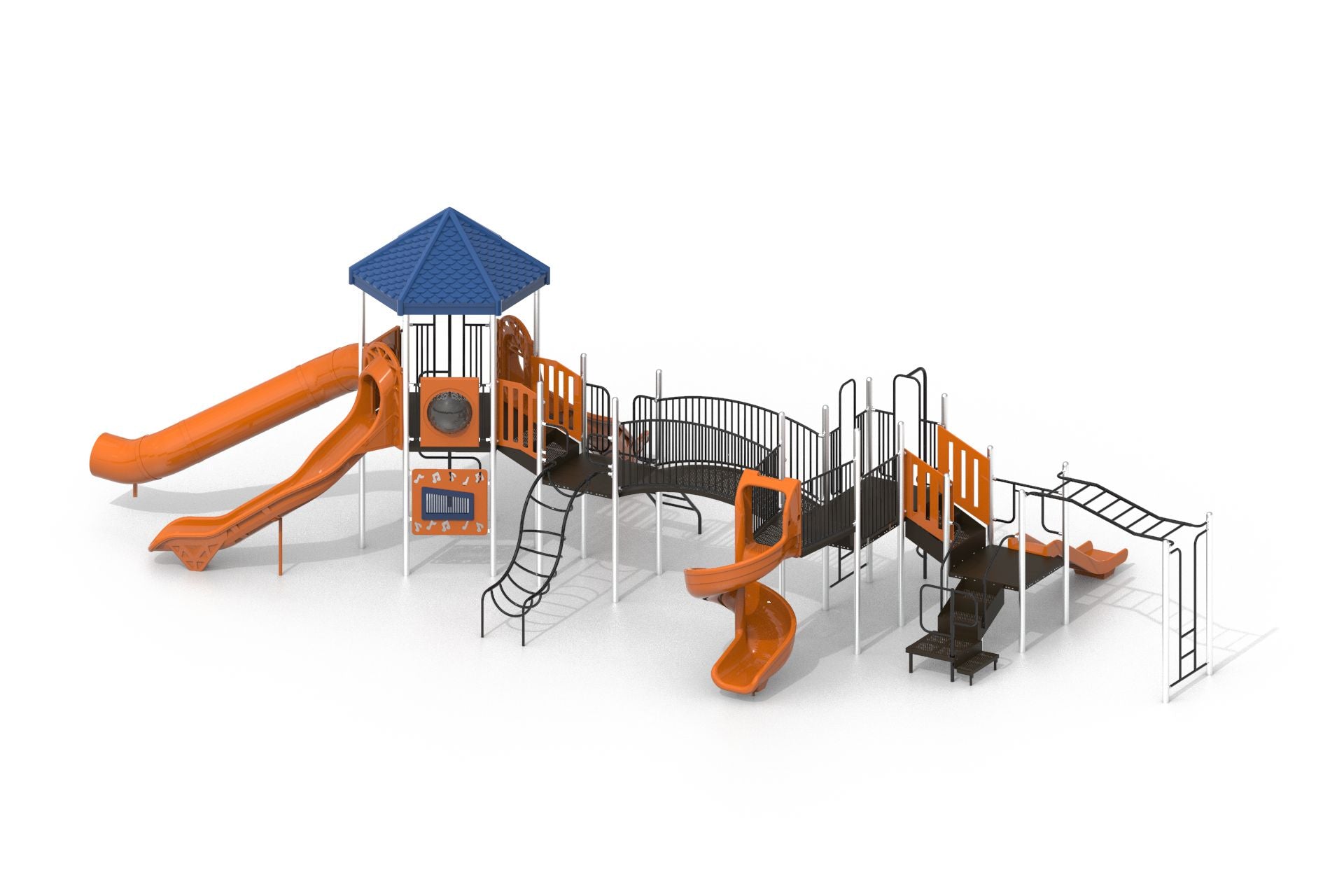 Outdoor commercial playground with blue hex roof, orange spiral and tube slides, arch bridge, monkey bars, and multiple climbing structures