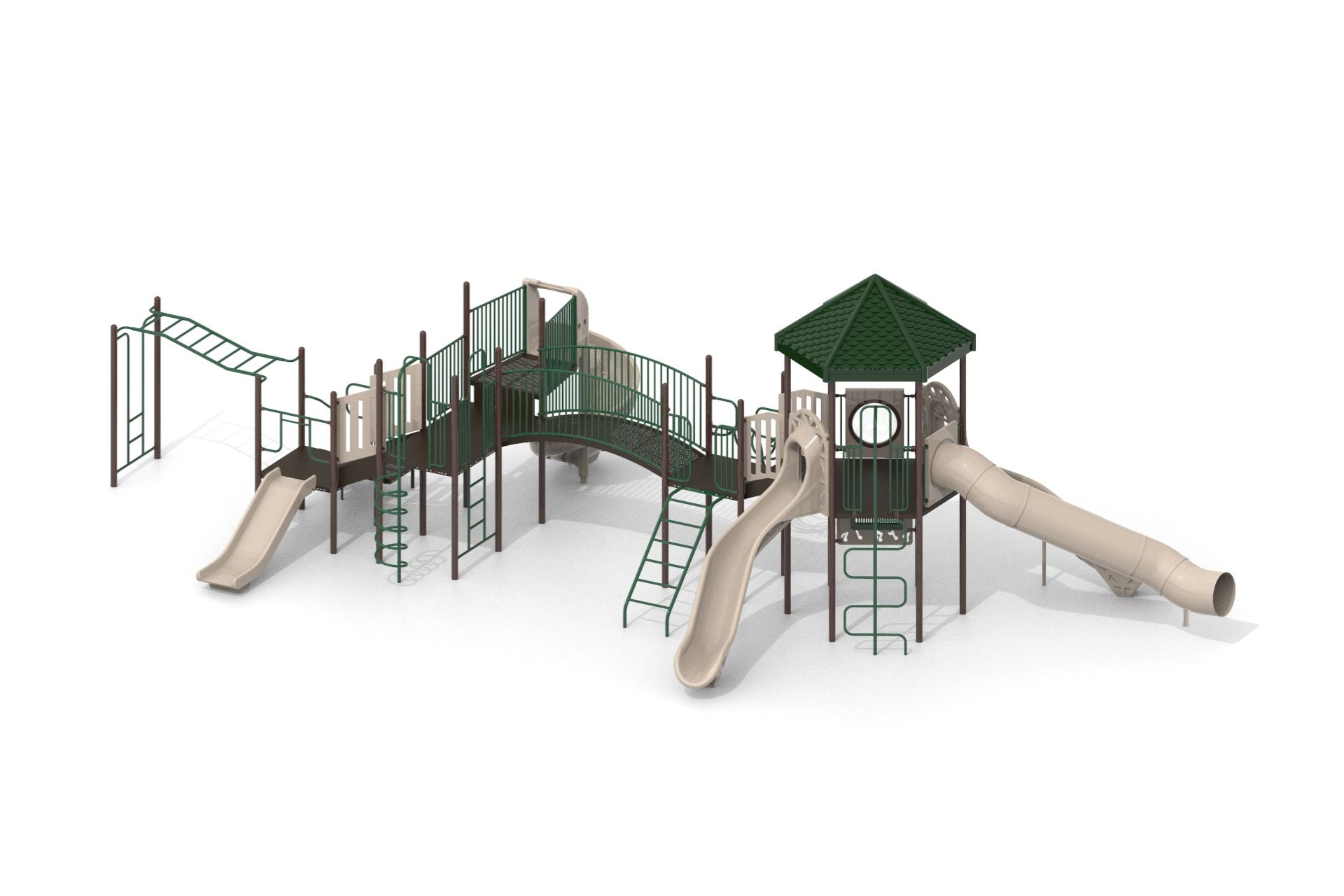 Green and tan commercial playground with hex-roof tower, multiple slides, arch bridge, monkey bars, and climbers