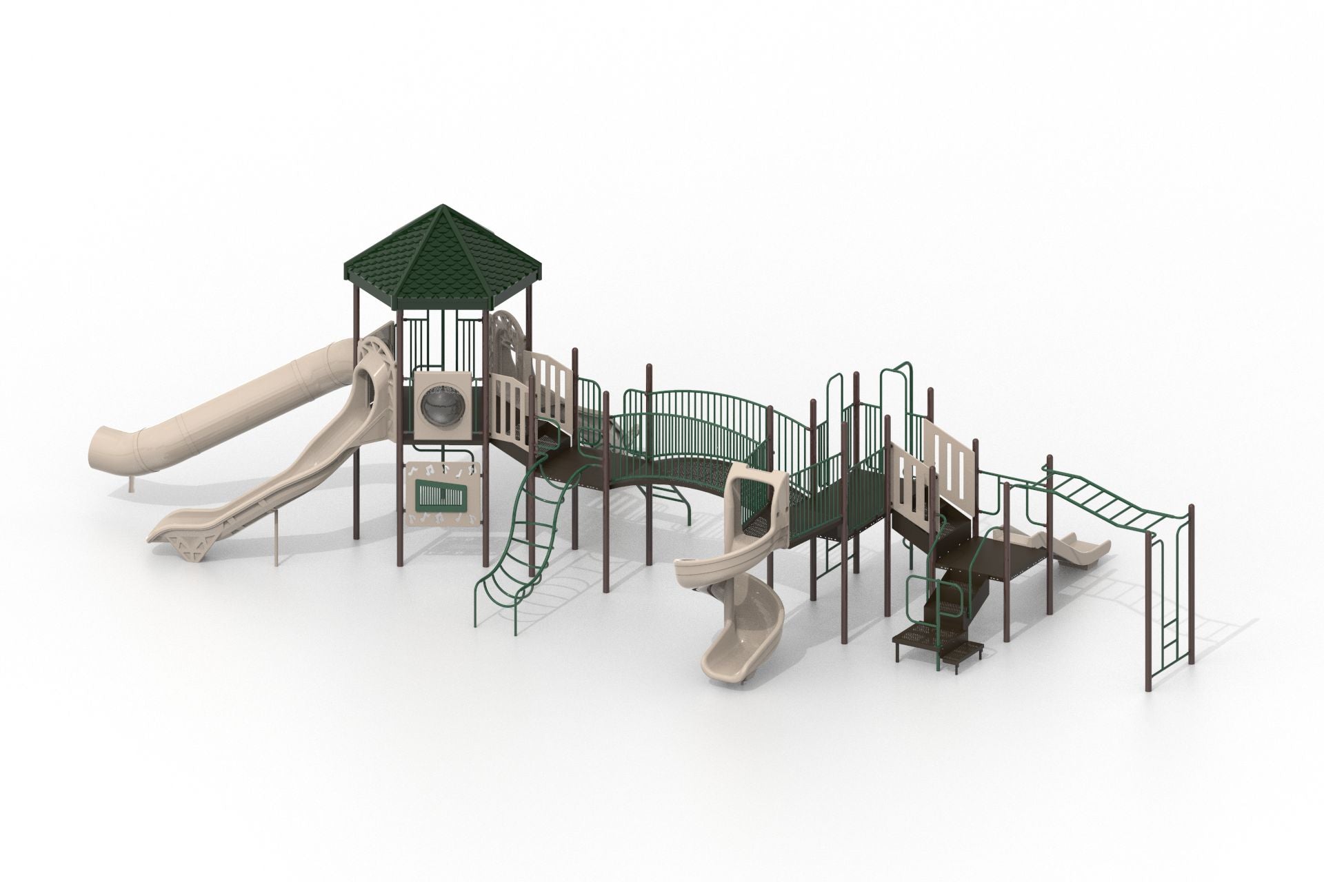 Acadia WillyGoat Playground with beige and green slides, hex roof, arch bridge, spiral and straight slides, multiple climbing structures, and decks