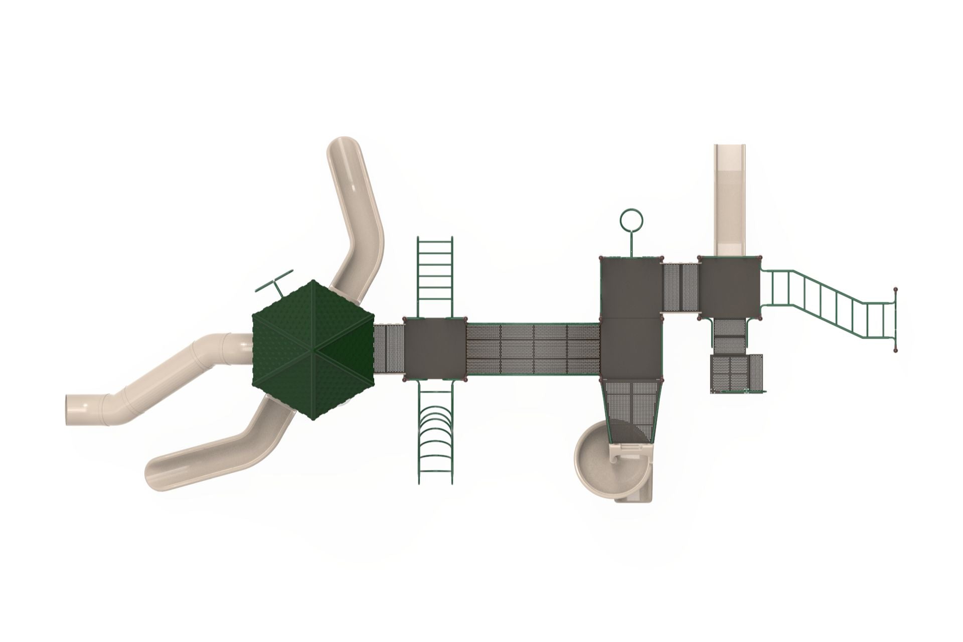 Overhead view of green and tan commercial playground with hex roof, spiral and straight slides, arch bridge, decks, and multiple climbers