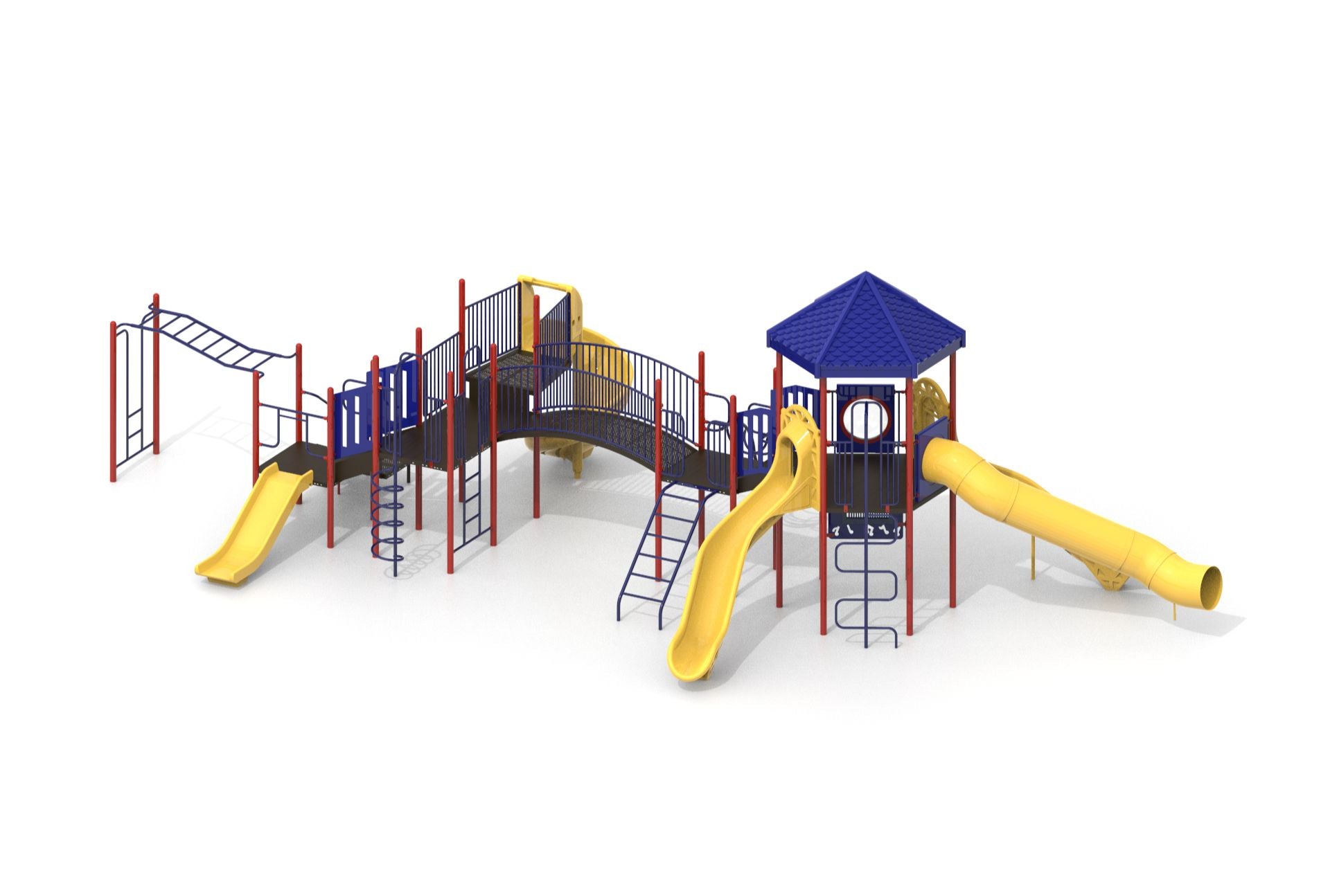 Multi-level commercial playground with blue hex roof, five yellow slides including tube slide, arch bridge, monkey bars, and various climbers