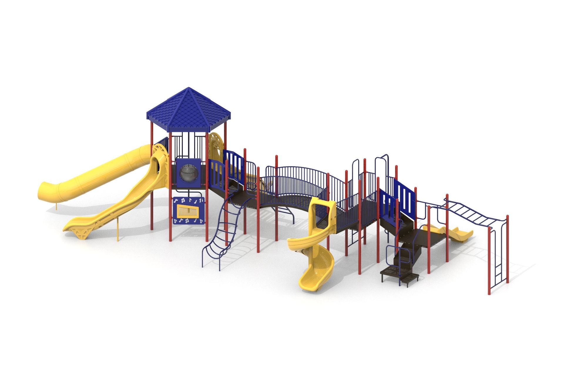 Commercial playground with hex-roof tower, yellow slides, arch bridge, monkey bars, and multiple climbing structures