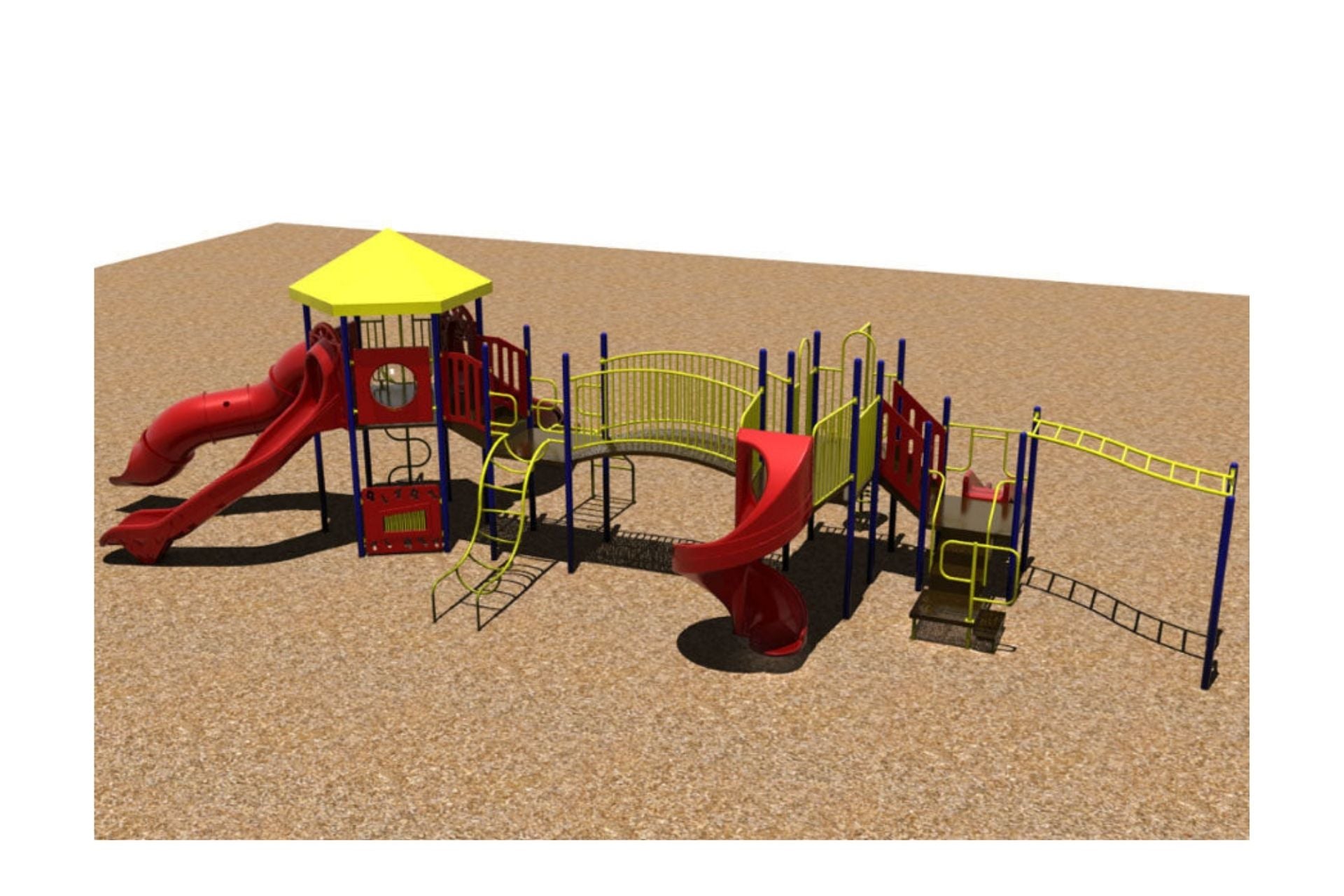 Commercial playground with yellow-roofed tower, red spiral and tube slides, arch bridge, monkey bars, and multiple climbers on wood chip ground