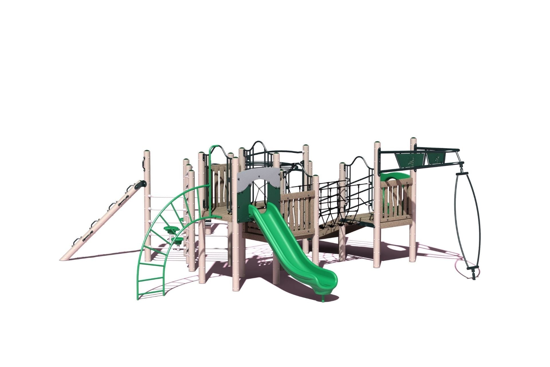 BigToys Achiever Play System with green slide, climbing nets, balance beams, rope elements, and beige posts