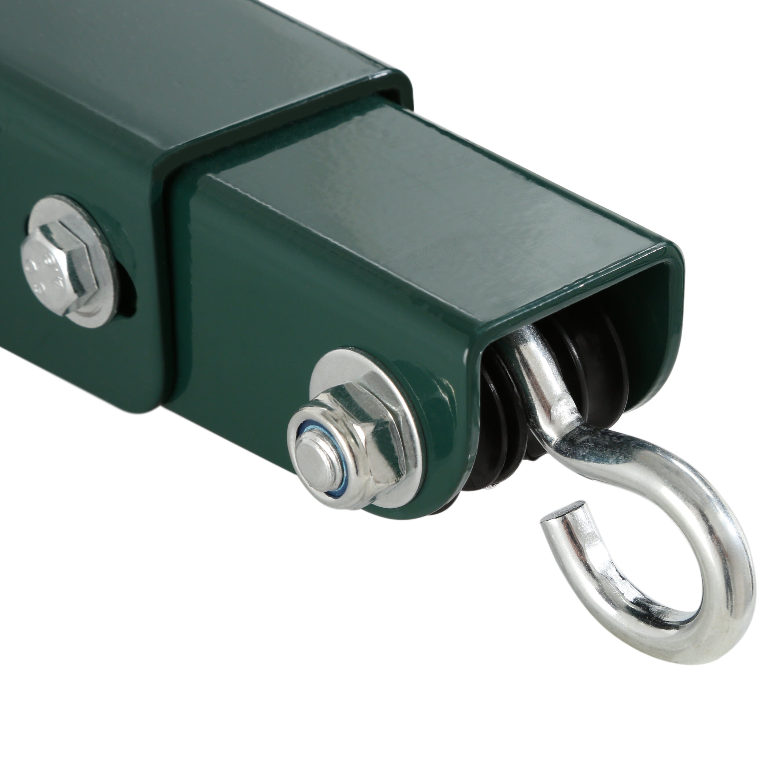 Green steel glider bracket with metal hook and bolts for swing set beam attachment