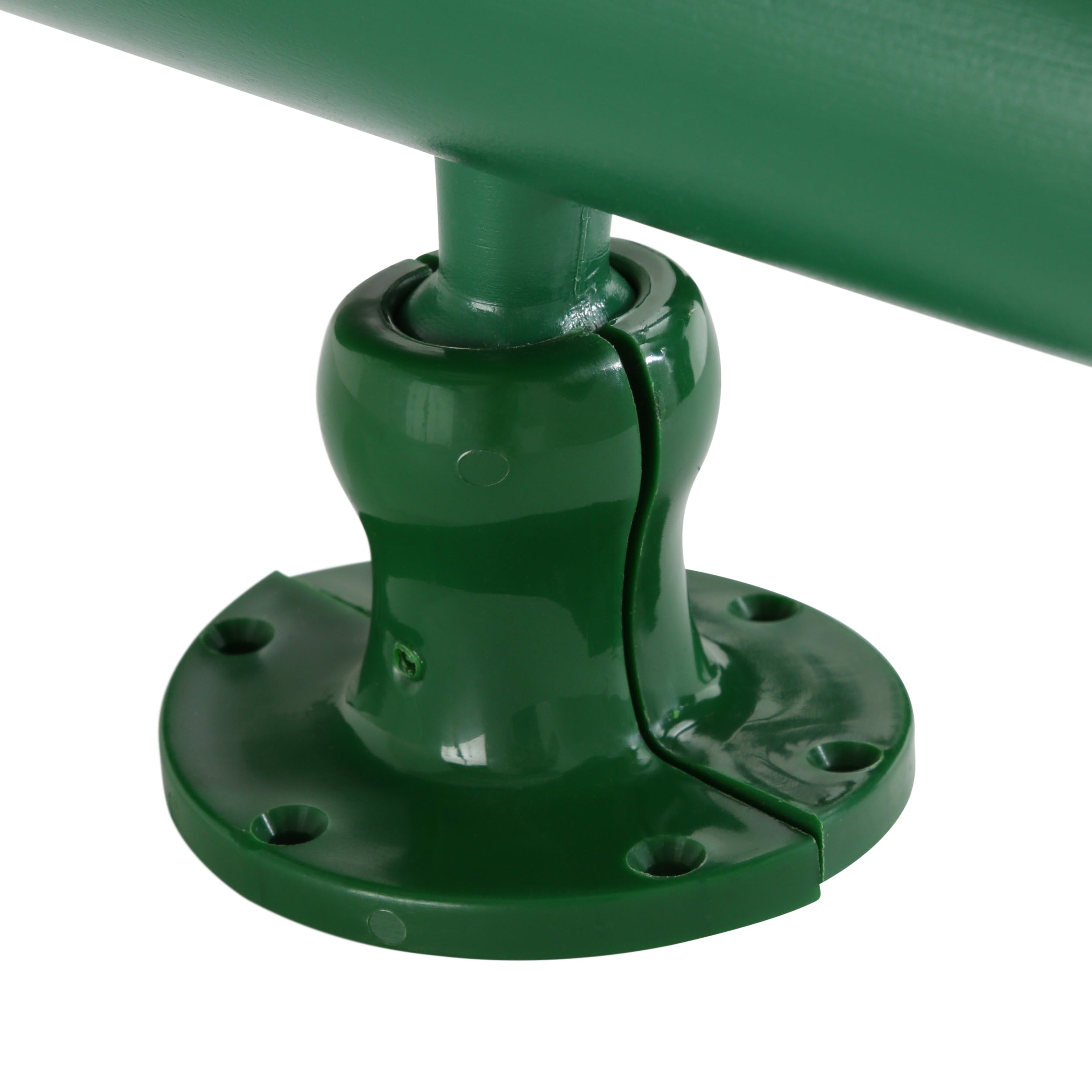 Green heavy-duty plastic mount base for outdoor swing set accessory with multiple screw holes and UV-resistant finish