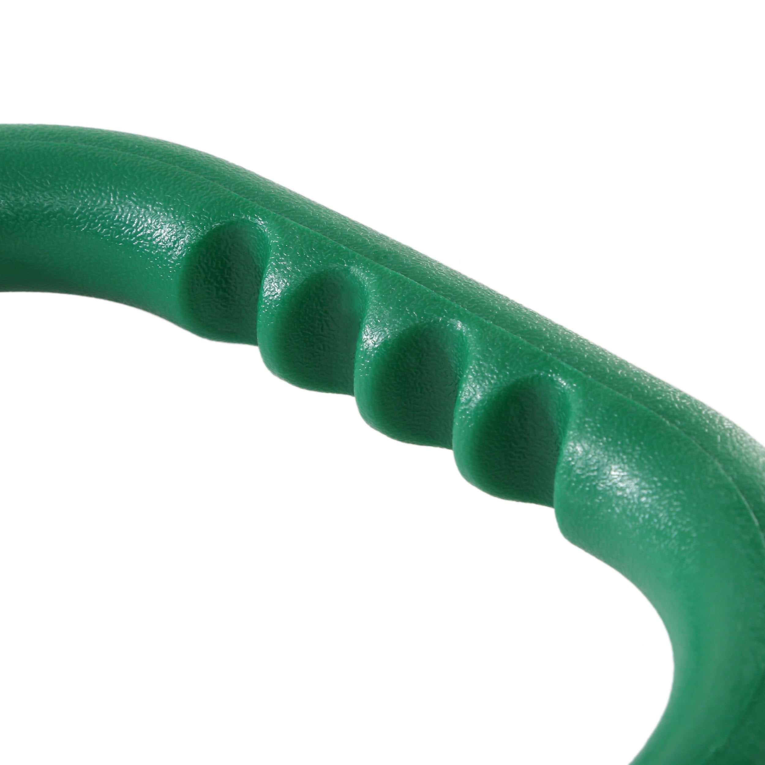Green textured plastic safety handle grips with finger indentations for wood swing set, includes mounting hardware, sold in pairs