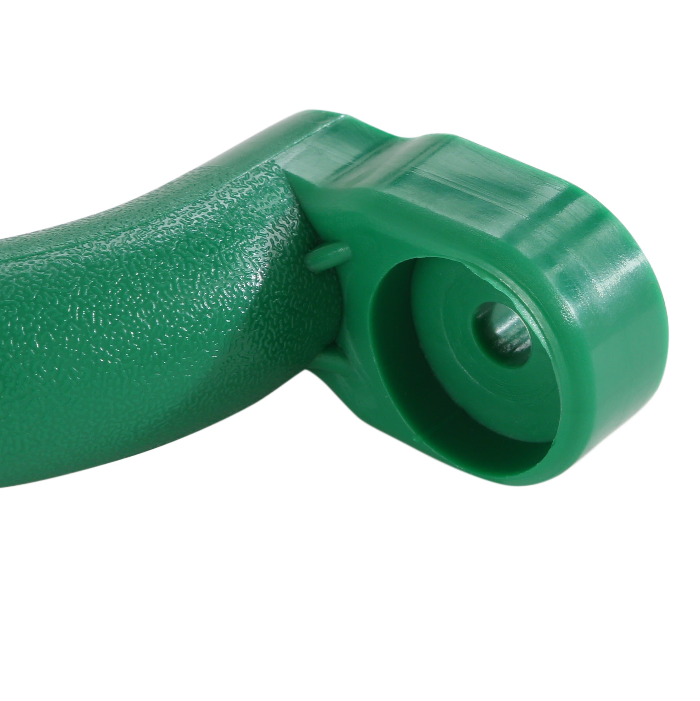 Green textured plastic safety handle grip with mounting hole for attachment to wood swing set beam