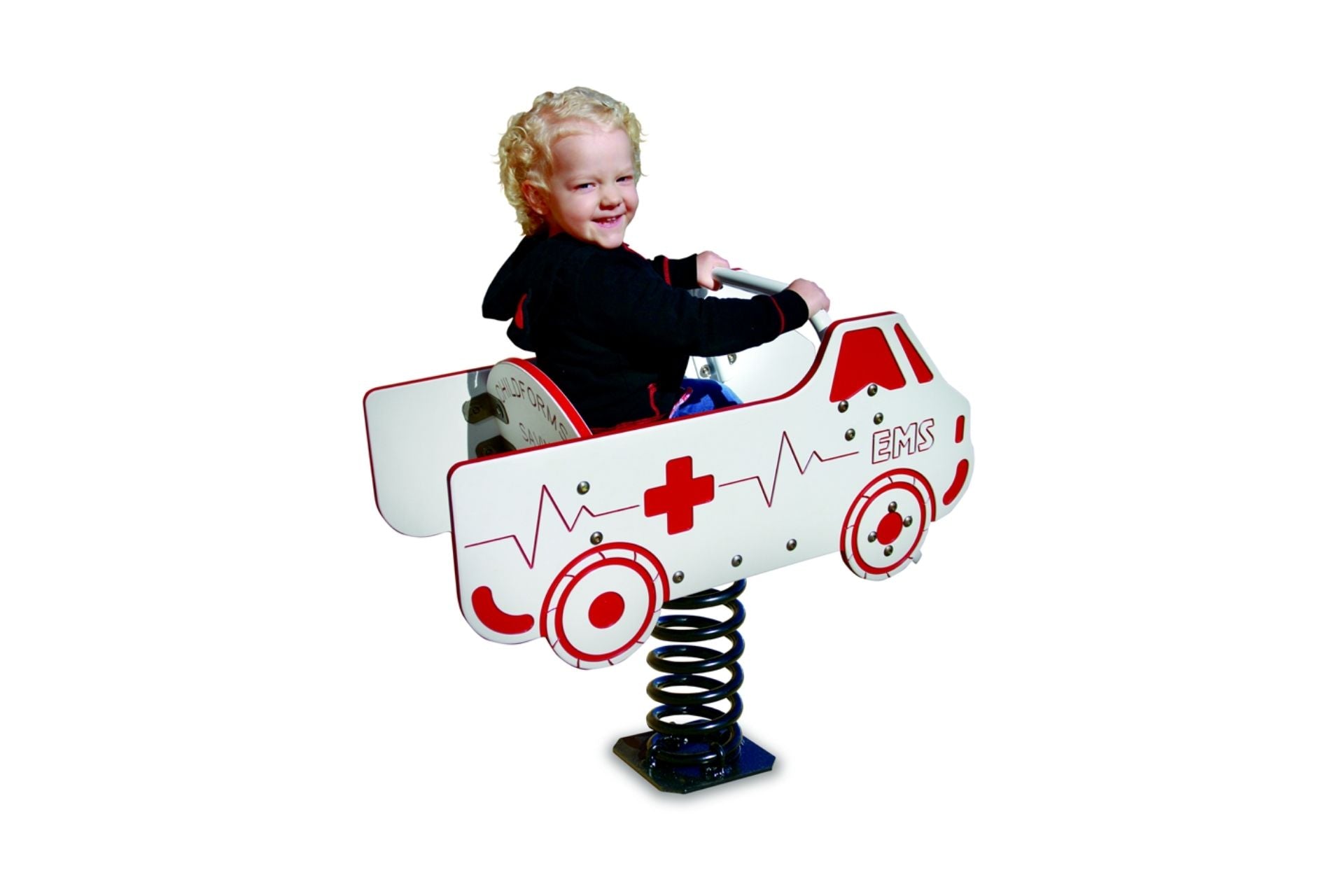 Ambulance Single Seat Spring Rider playground equipment with red and white ambulance design and child seat, heavy-duty UV polyethylene