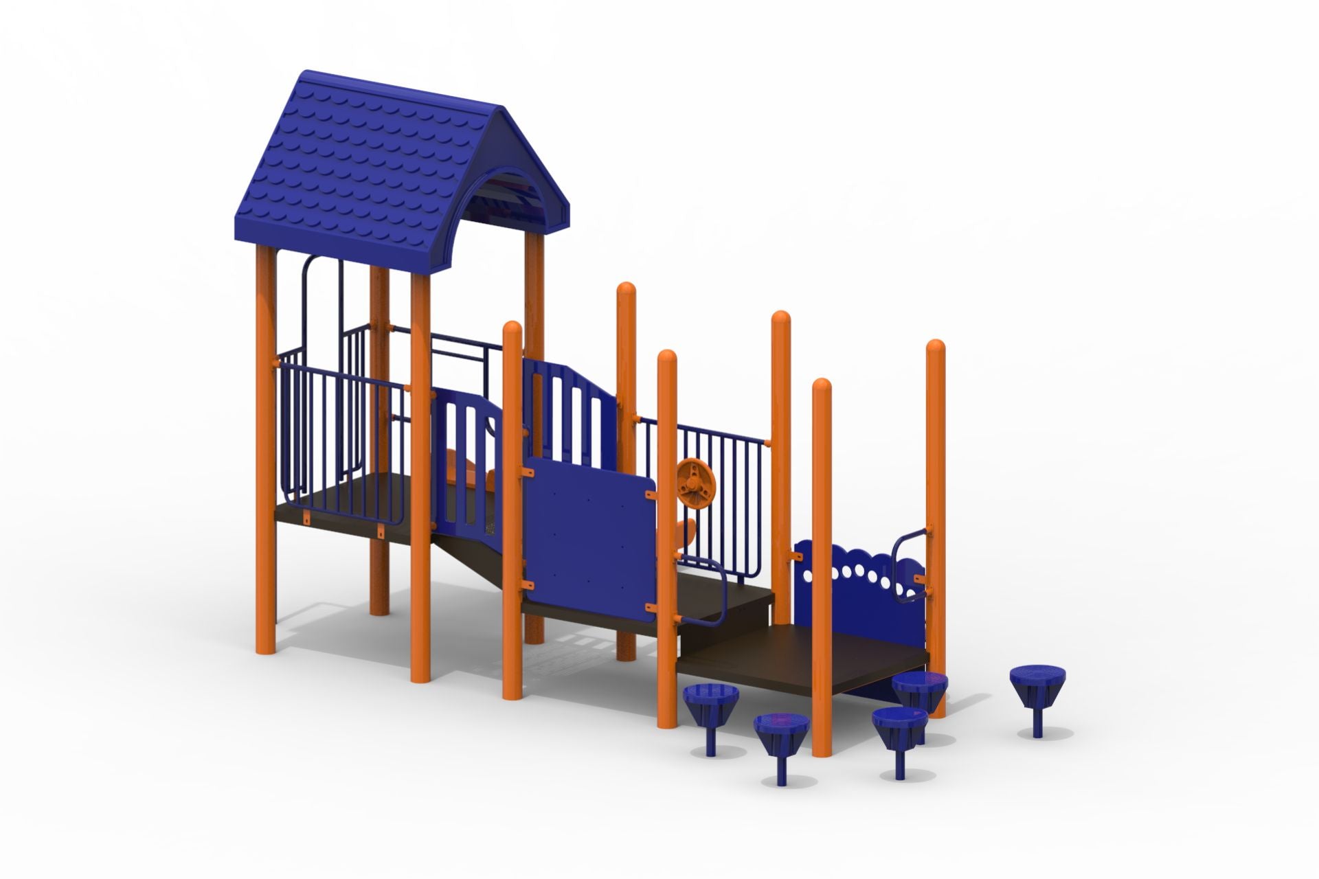 Modular kids playground with blue roofed platform, orange posts, ramp access, steering wheel panel, and blue stepping stones