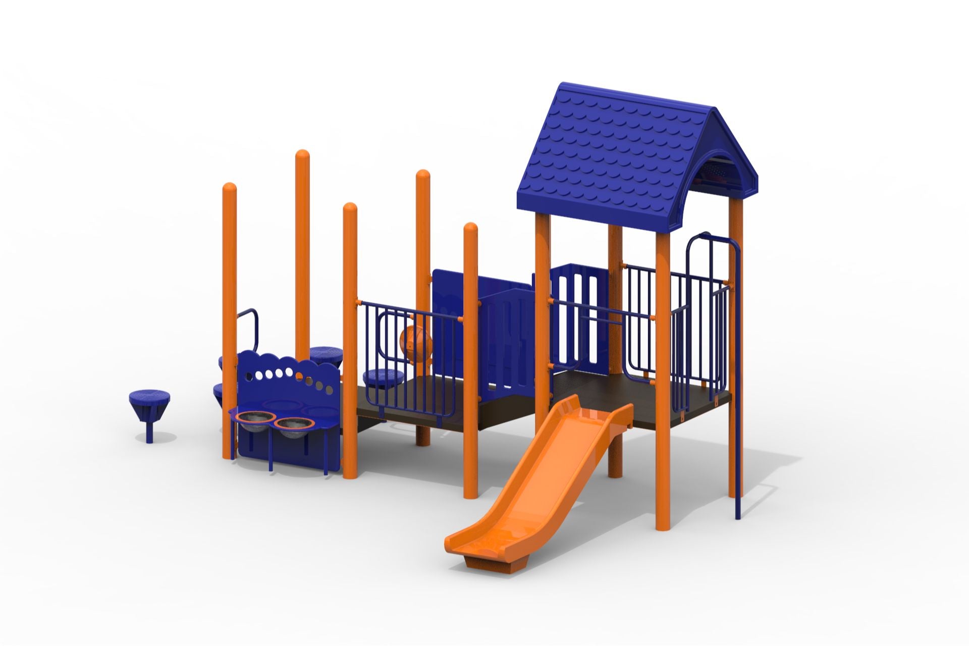 Orange and blue modular playground with covered deck, wide slide, stepping pods, fire pole, steering wheel, and activity panels