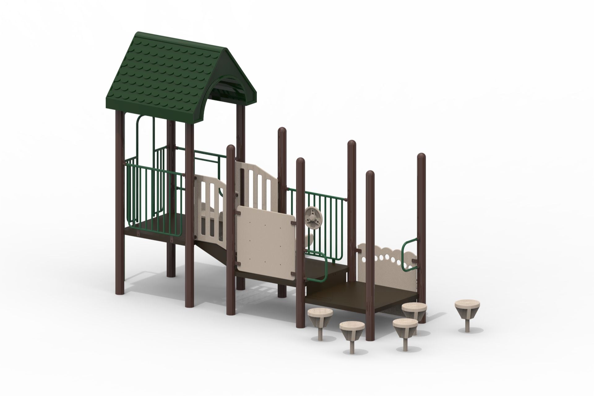 Modular playground with green-roofed deck, activity wheel panel, platforms, beige stepping stone pods, and climbing features