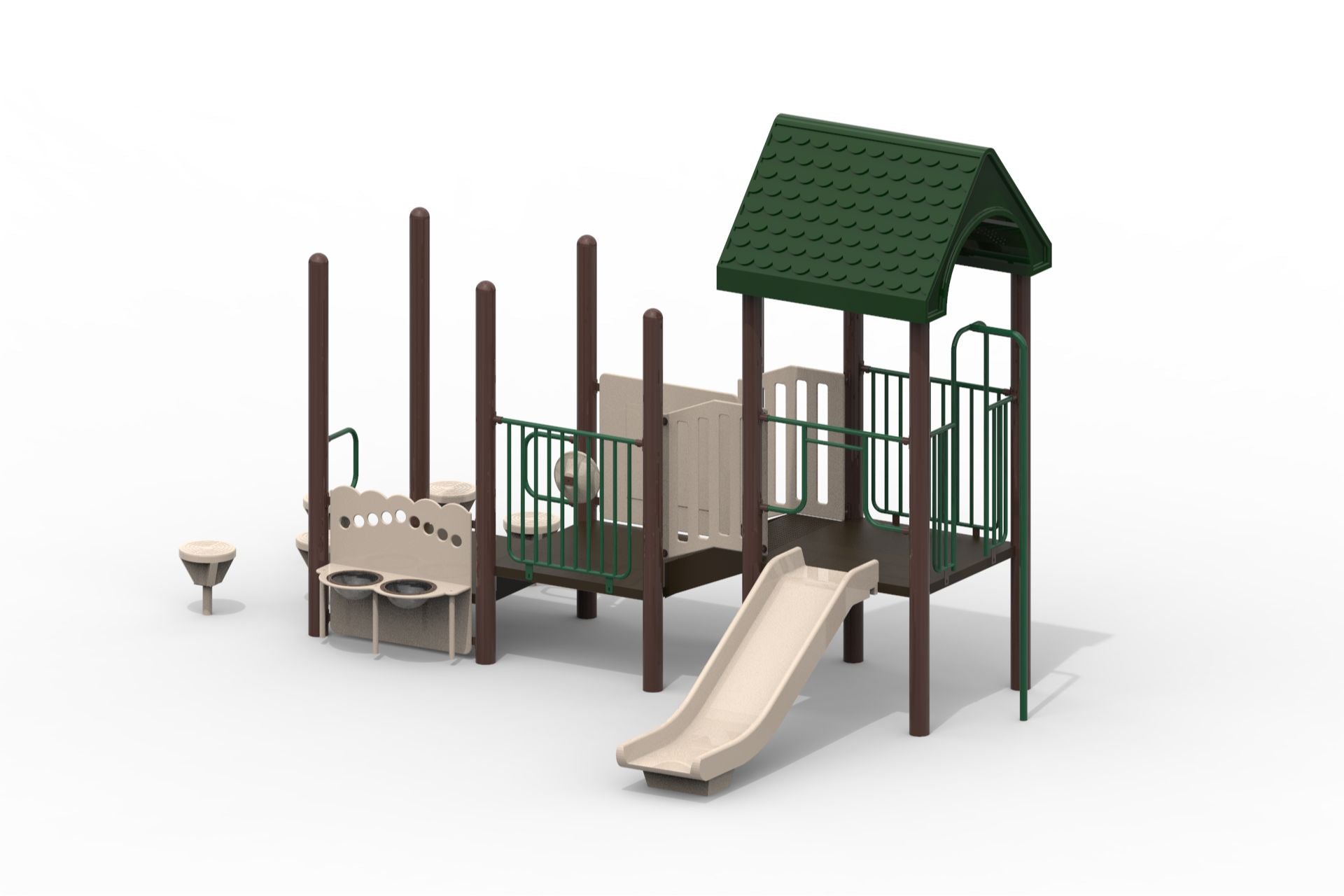Amy Modular Playground with beige slide, green roof, brown uprights, climbing elements, activity panels, and guard wall with wheel