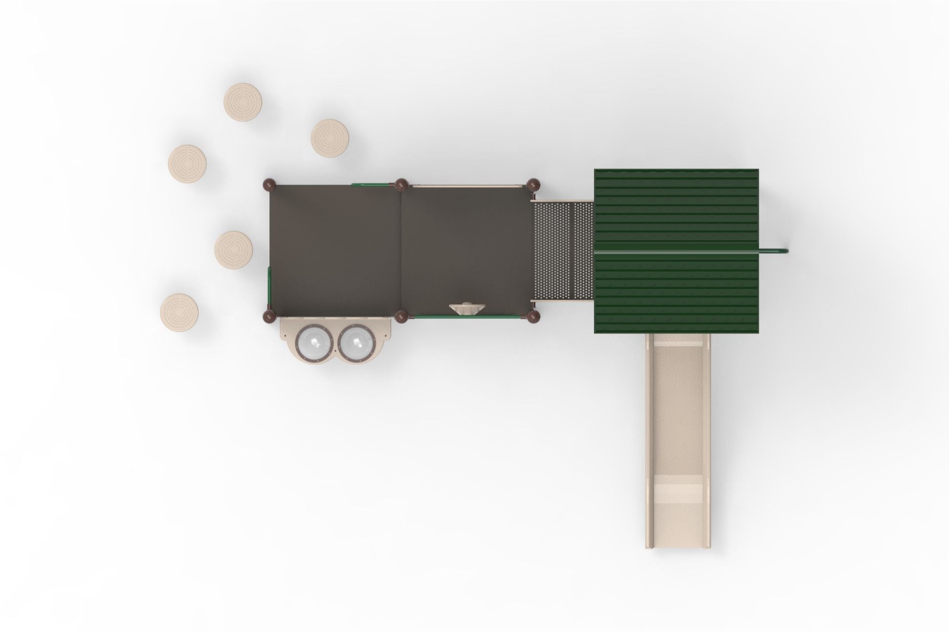 Overhead view of modular playground with green roof, wide slide, stepping stones, bridge, sand and water panel, and fire pole