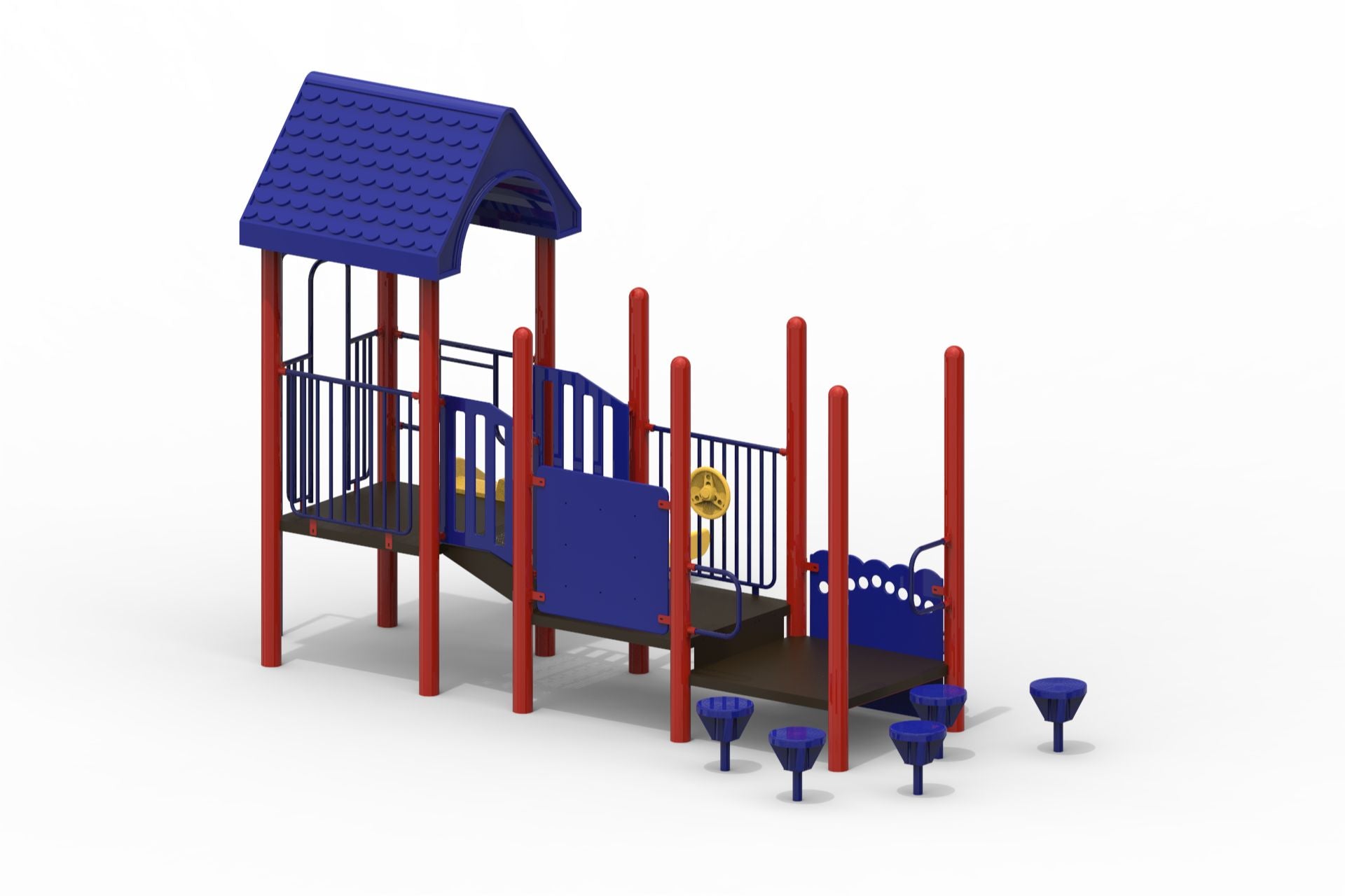 Blue and red modular playground with roofed platform, ramps, steering wheel panel, stepping stone pods, slide, fire-pole, and activity panels