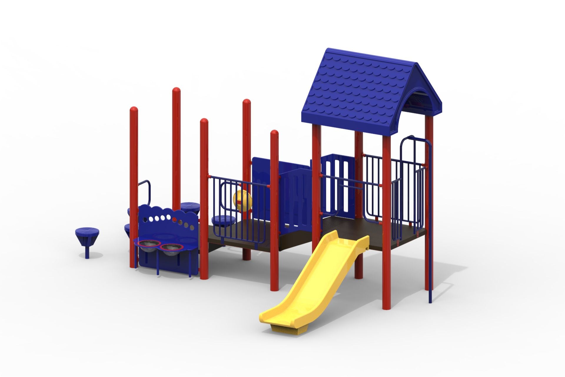 Commercial modular playground with wide yellow slide, blue roof, red posts, fire pole, stepping pods, and play panels