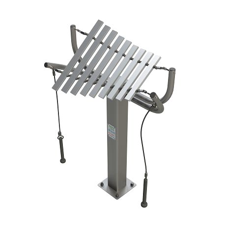 Outdoor metal bar musical instrument mounted on a steel post with two hanging mallets for striking.