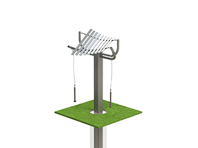 Outdoor musical instrument with nine aluminum keys on a single steel post, two hanging mallets, and a green base.