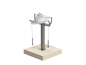 Outdoor musical instrument with nine aluminum keys on a single steel post, mounted on a square base with two hanging mallets