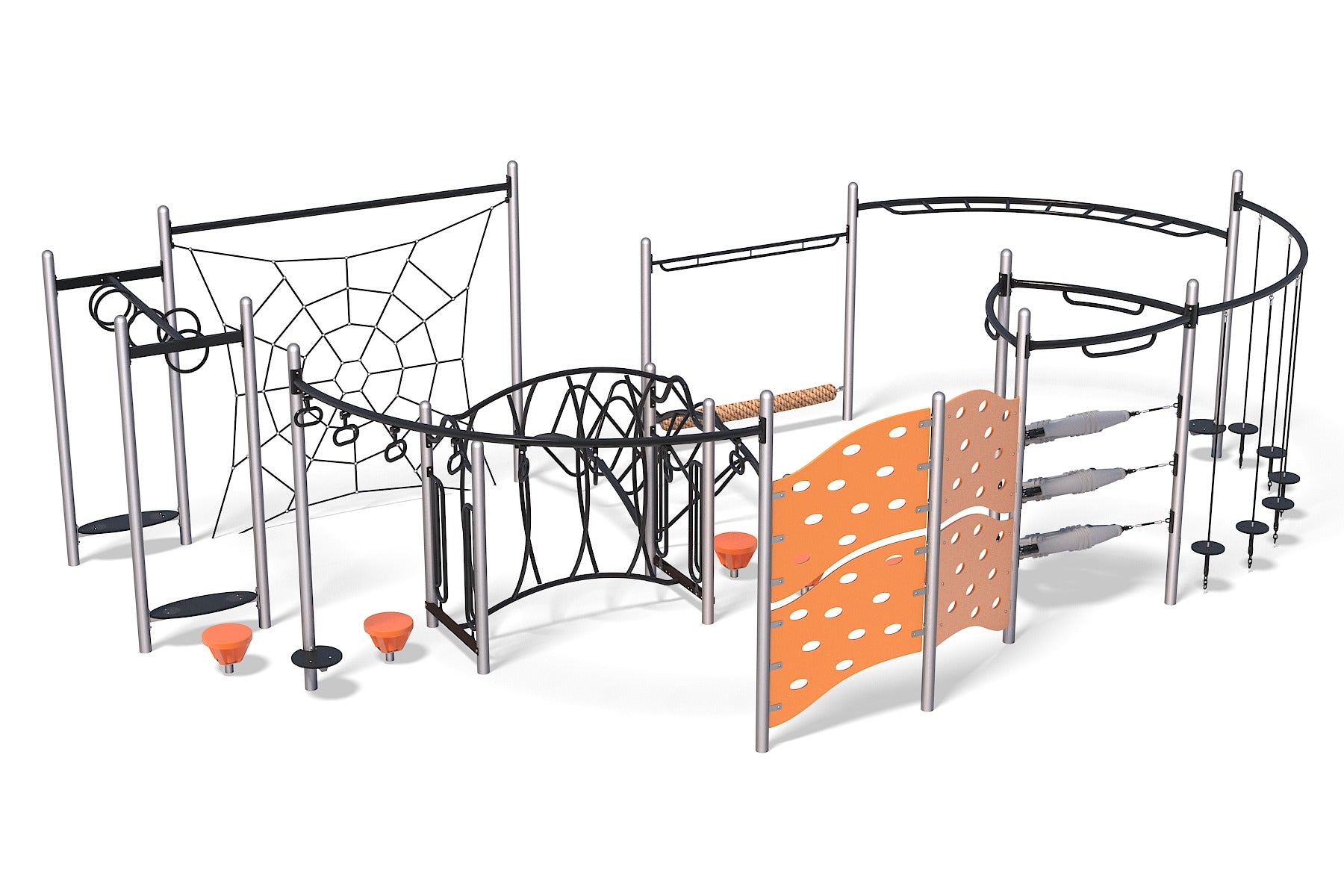 Outdoor playground structure with climbing nets, circular stepping pods, curved climbing walls, overhead ladders, and various climbing challenges