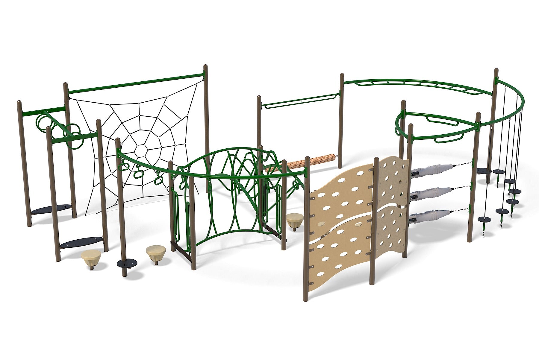 Play Palooza Playground with natural tones featuring climbing nets, overhead ladders, stepping stones, and various agility challenges