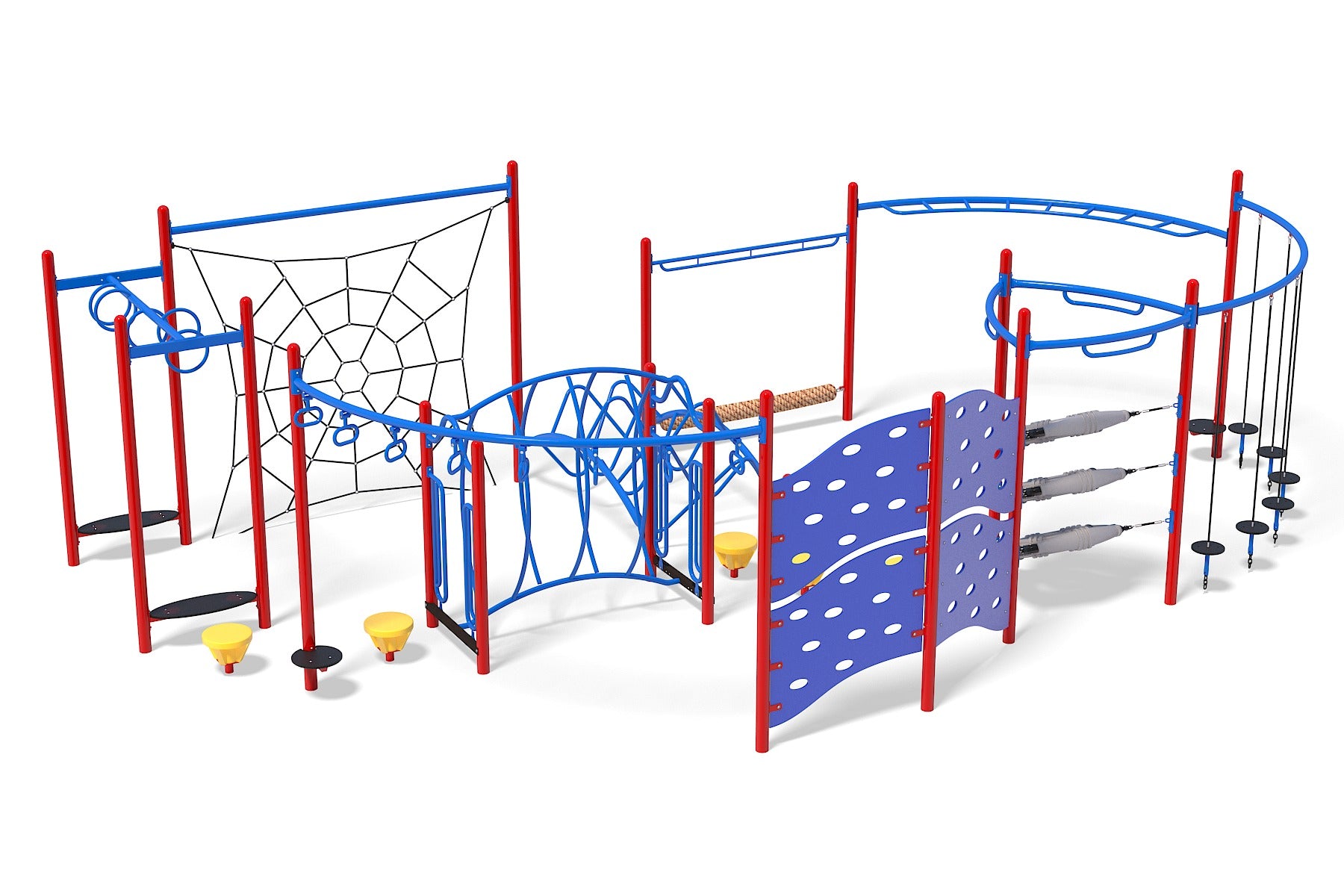 Colorful playground structure with red posts, blue climbing nets, rings, curved ladders, and yellow stepping pods