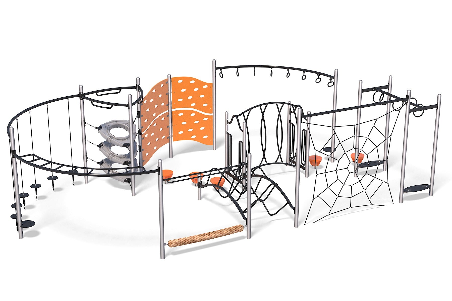 Large playground structure featuring climbing nets, circular stepping stones, curved climbing wall, overhead ladder rings, and diverse climbing challenges.