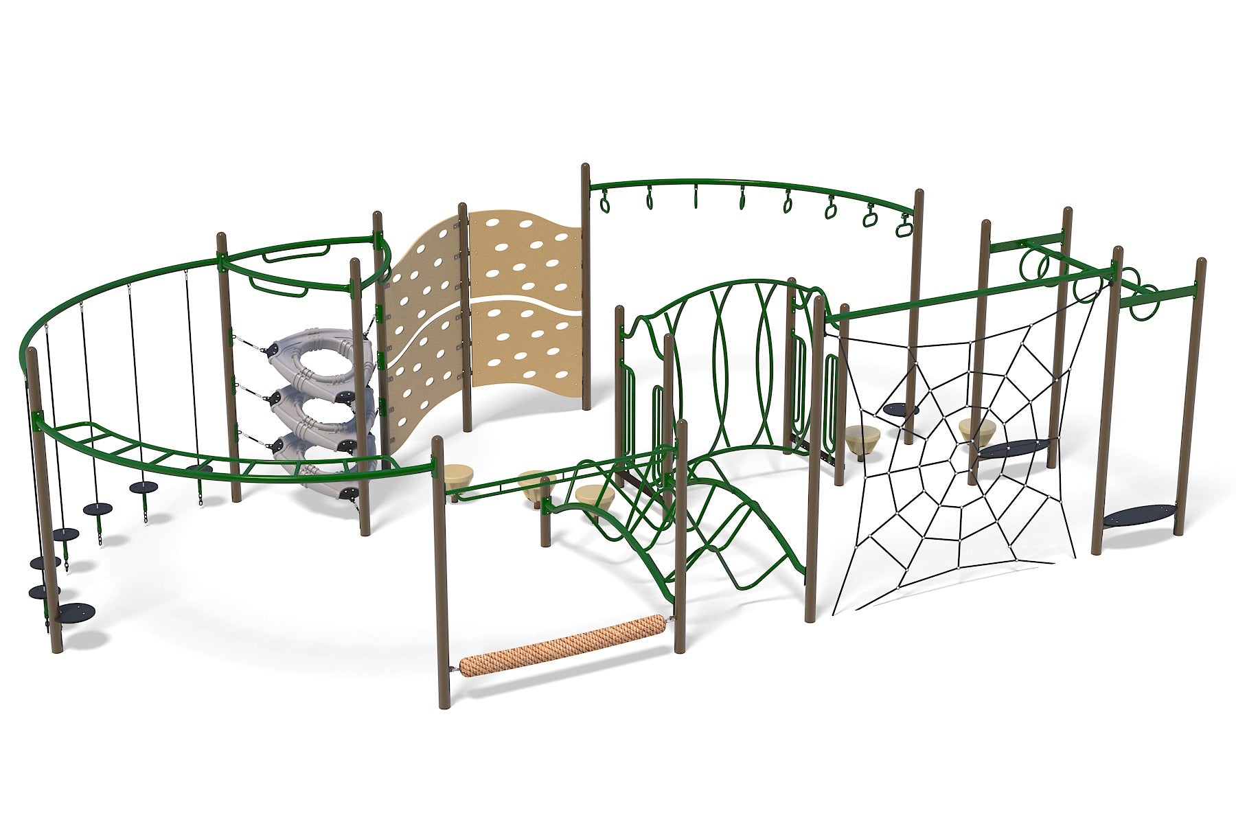 Large playground structure with green metal frames, climbing nets, stepping stones, and various agility challenges for active play.