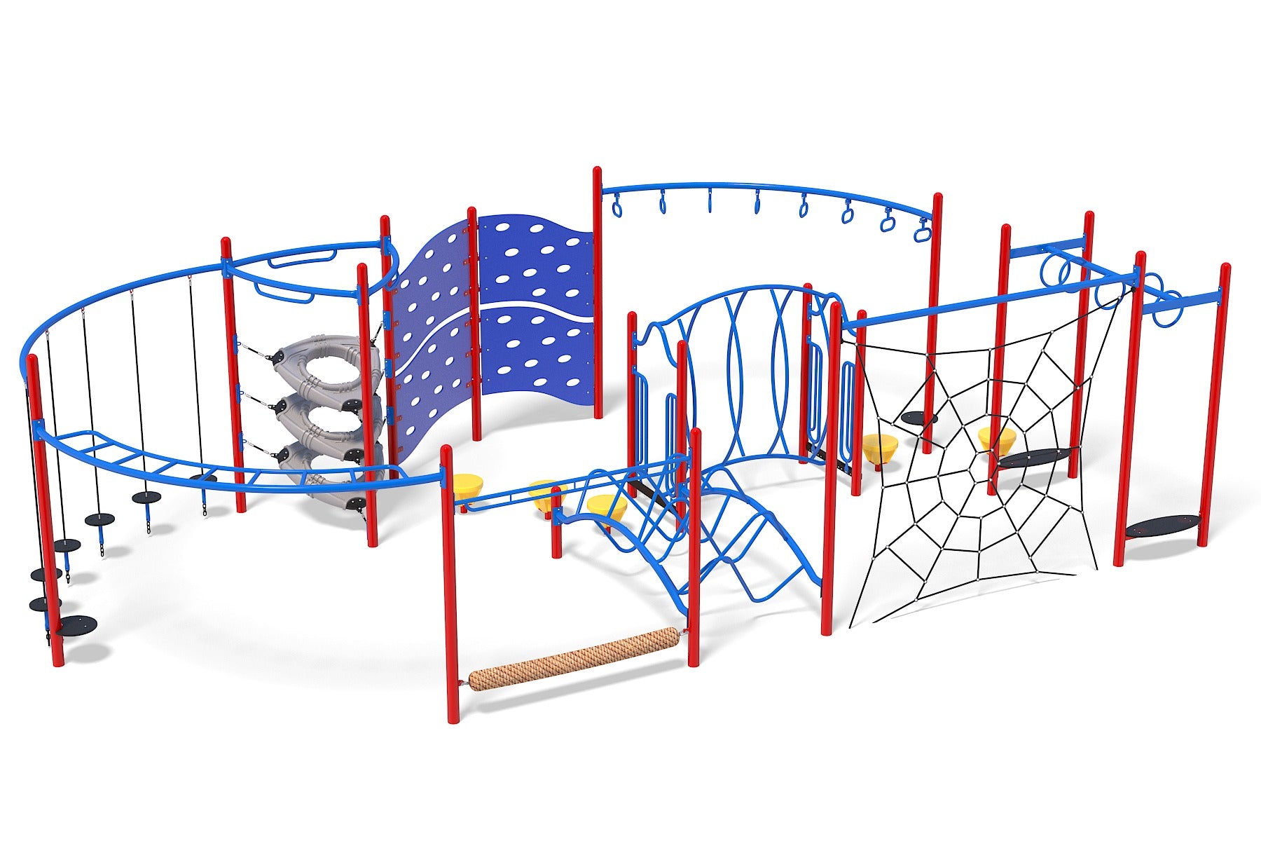Colorful playground structure with red posts, blue climbing frames, black stepping discs, yellow seats, and a spider web net