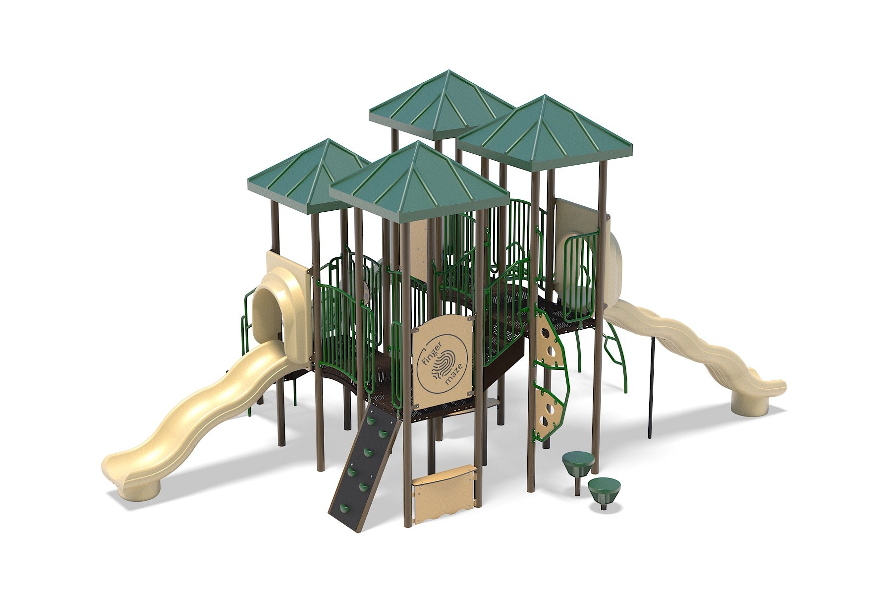 Multi-level playground with green roofs, wave slides, climbing panels, stepping stones, and interactive play features.