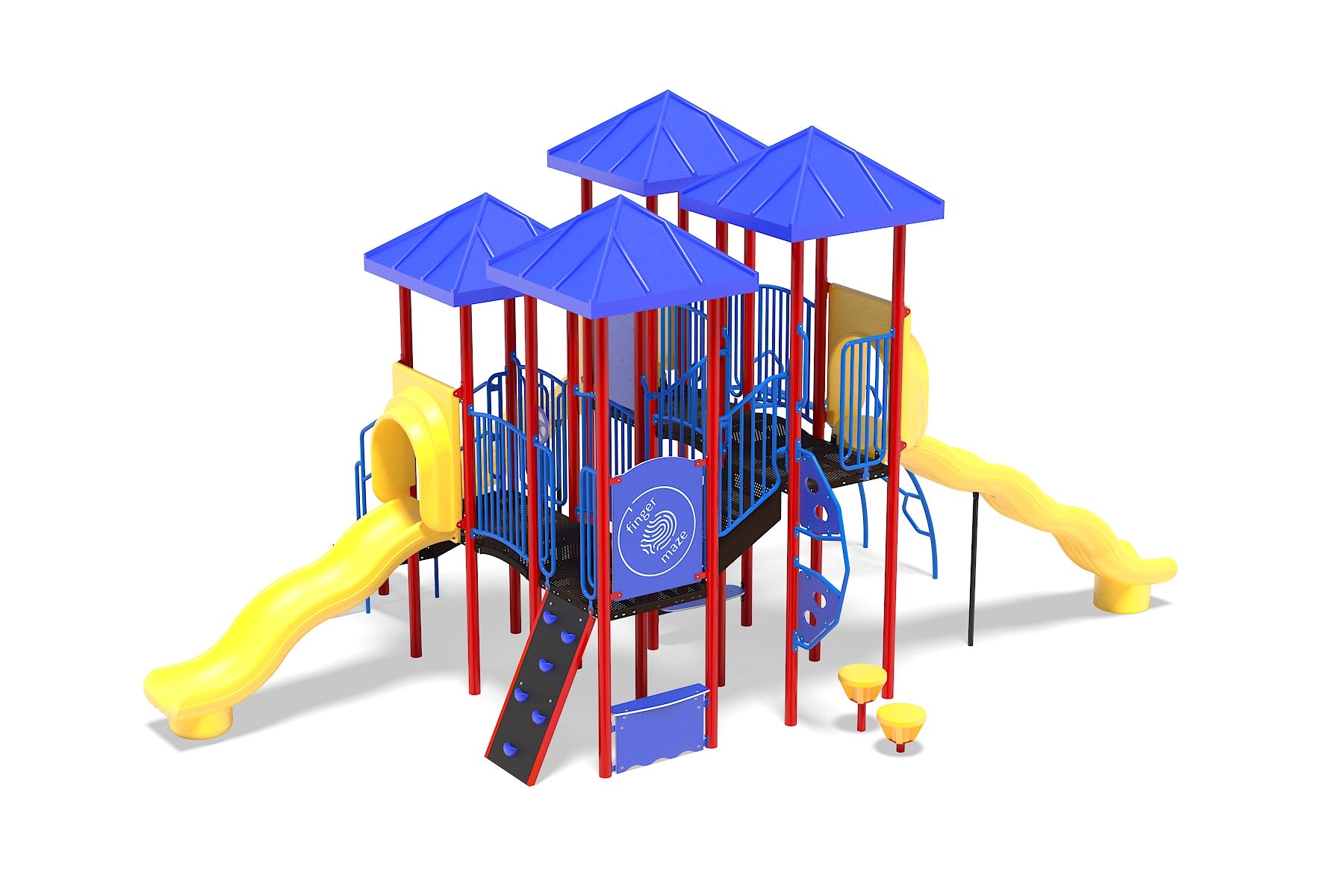 Colorful playground with blue roofs, red posts, yellow wave slides, climbing panels, and stepping stones.