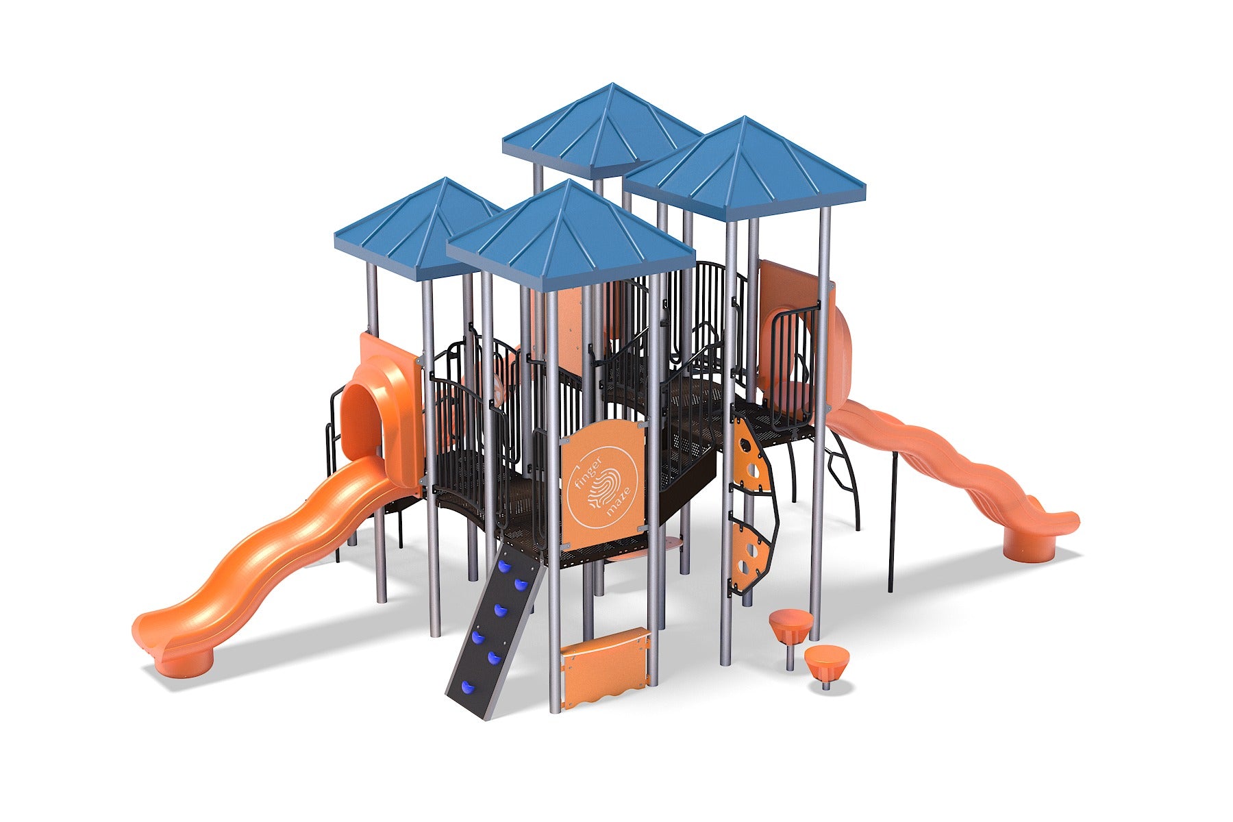 Outdoor playground structure with blue roofs, orange wave slides, climbing panels, and stepping pods