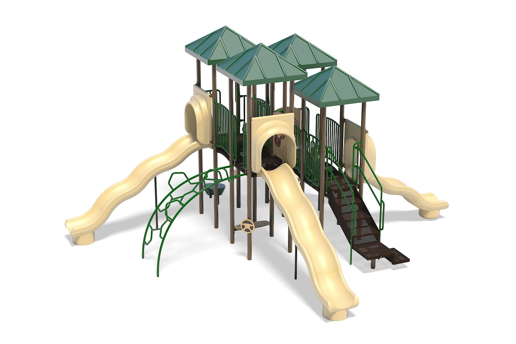 Multi-level playground with beige wave slides, green climbing arch, stairs, green roofs, and interactive play panels
