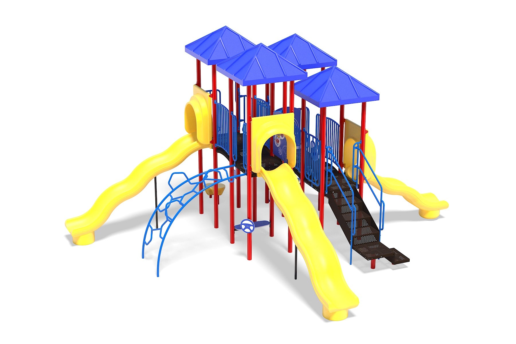 Discovery Kingdom Playground with blue roofs, yellow wave slides, red posts, blue climbing panels, and interactive play features
