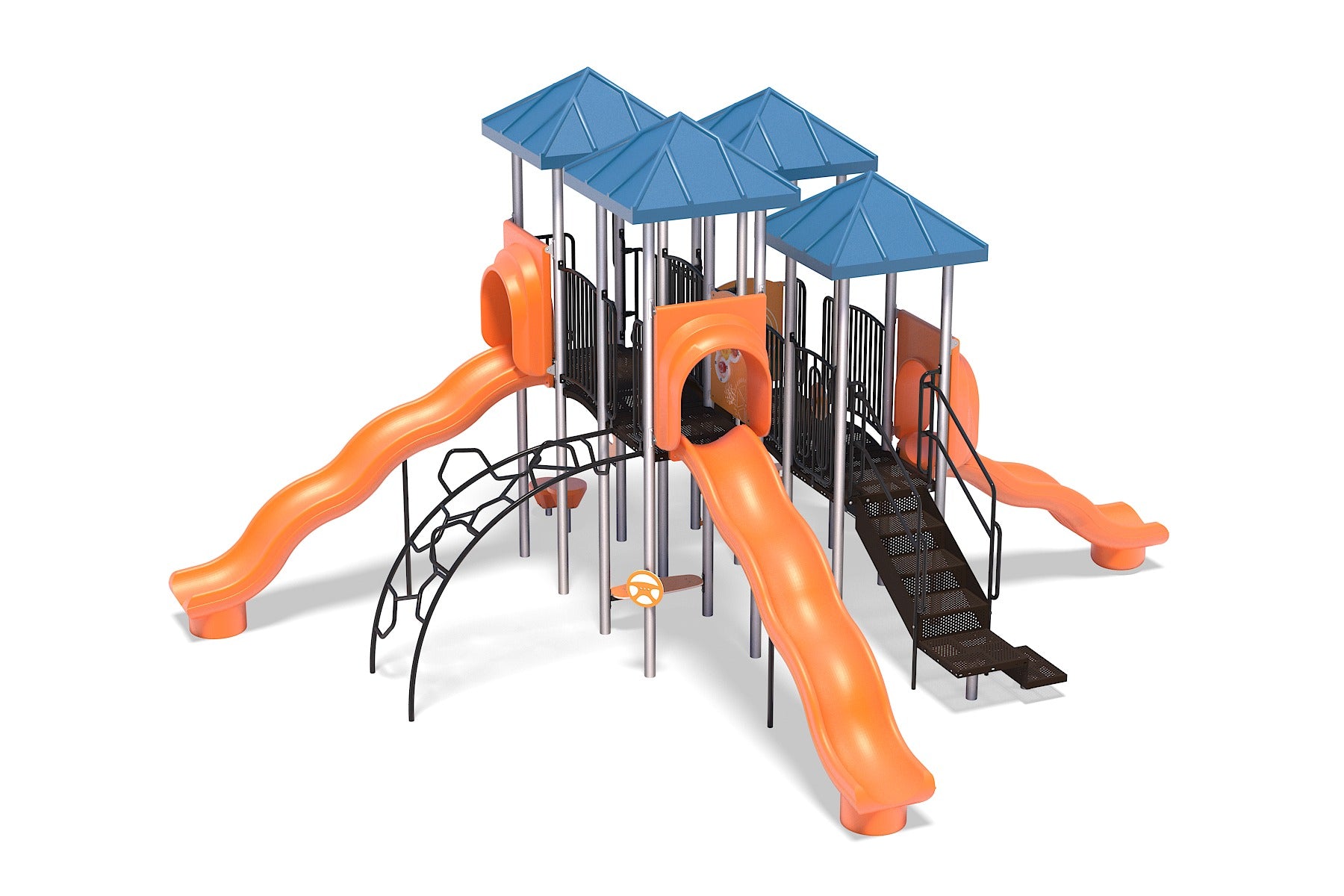 Outdoor playground with blue roofs, orange wave slides, climbing arch, stairs, and interactive play panels